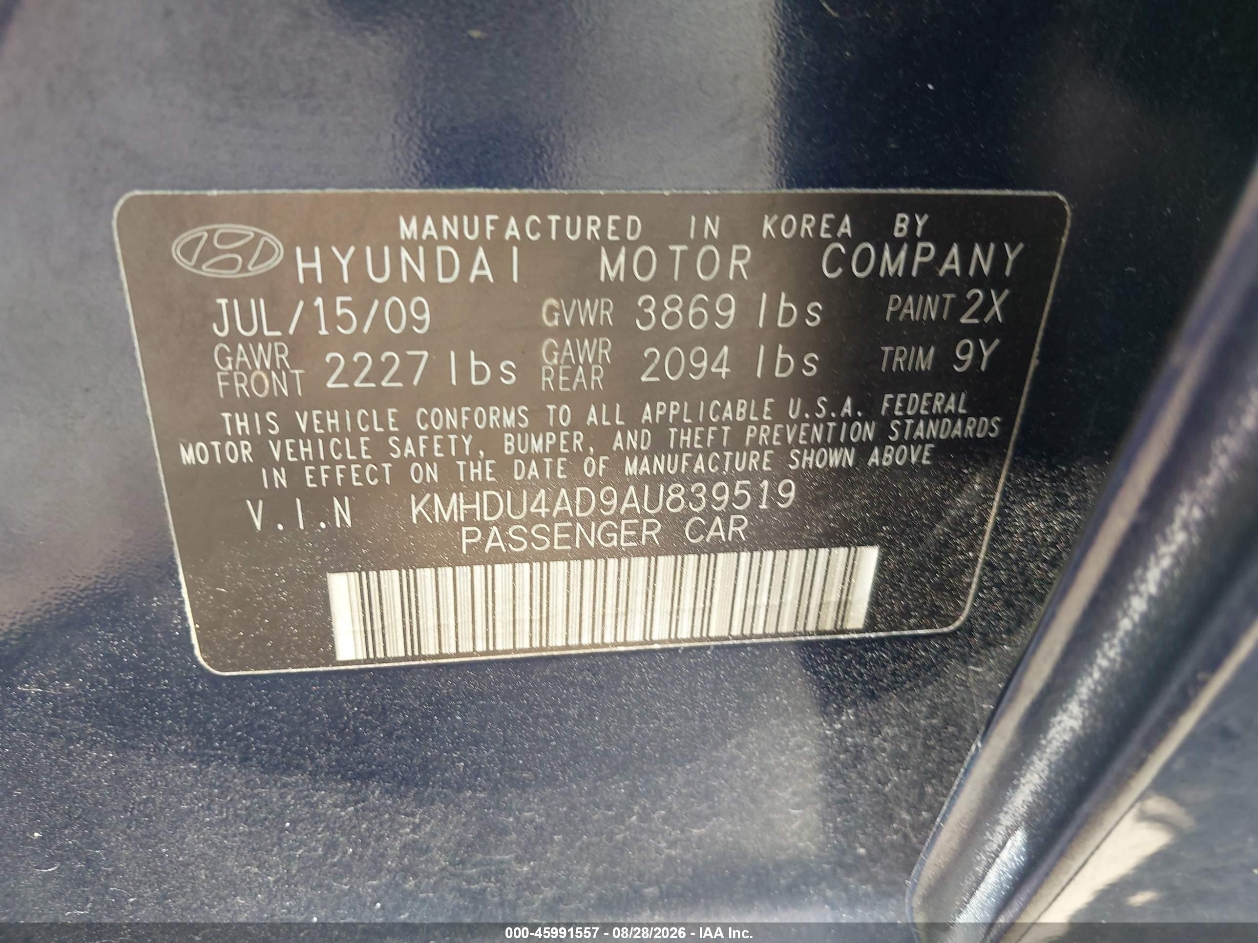 2010 Hyundai Elantra Gls Blue vin: KMHDU4AD9AU839519