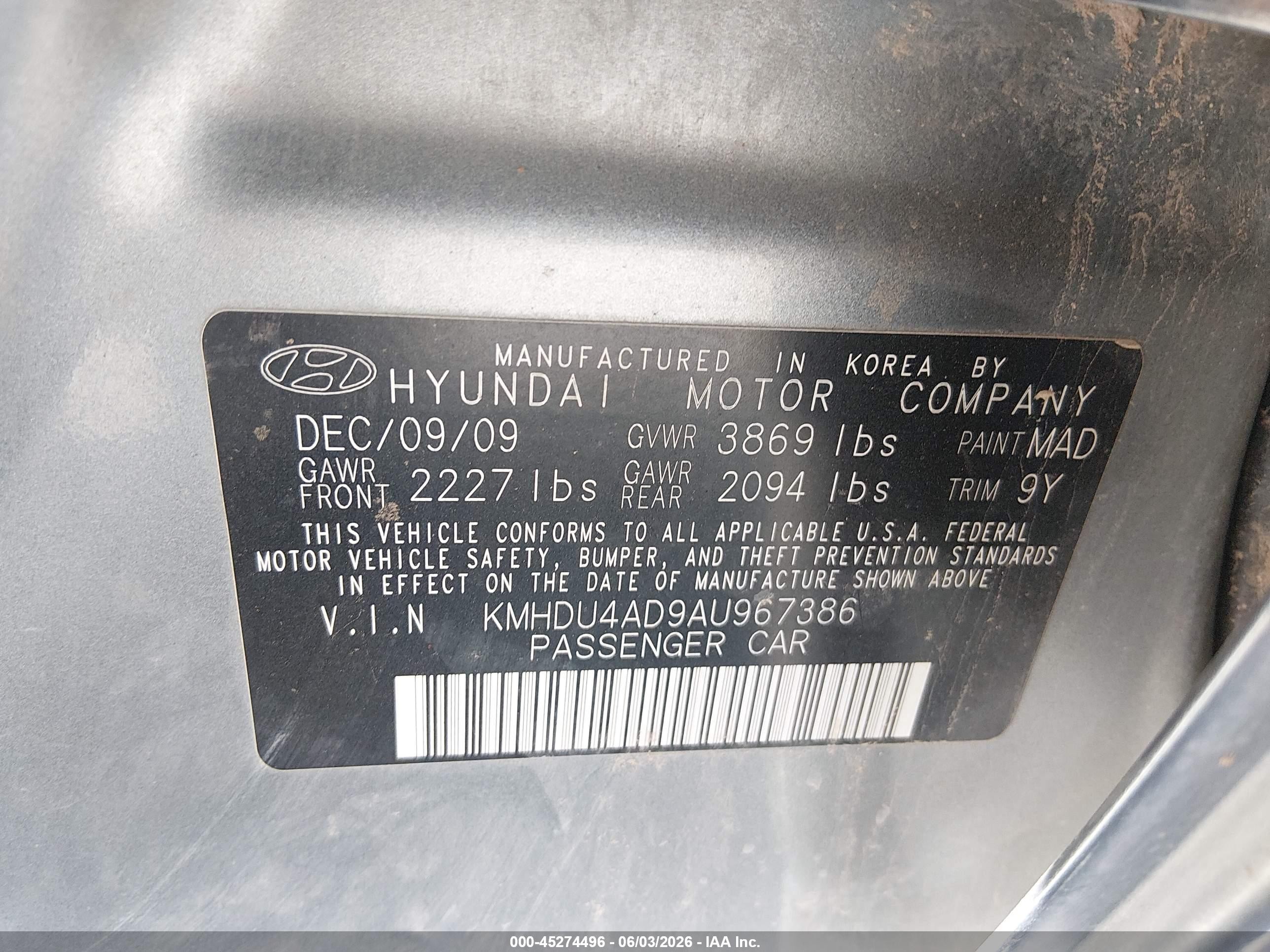 2010 Hyundai Elantra Blue Gray vin: KMHDU4AD9AU967386