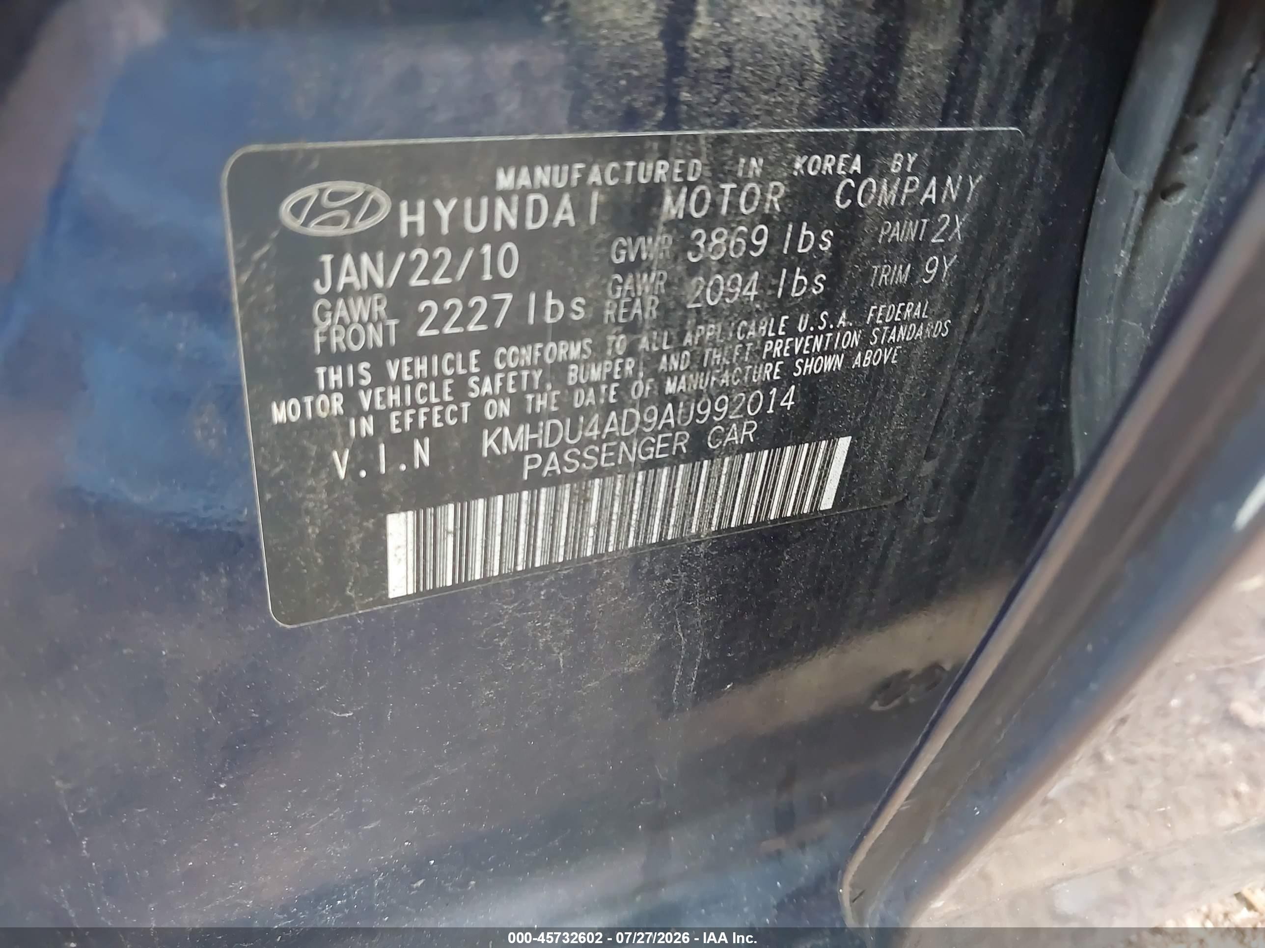 2010 Hyundai Elantra Se Blue vin: KMHDU4AD9AU992014