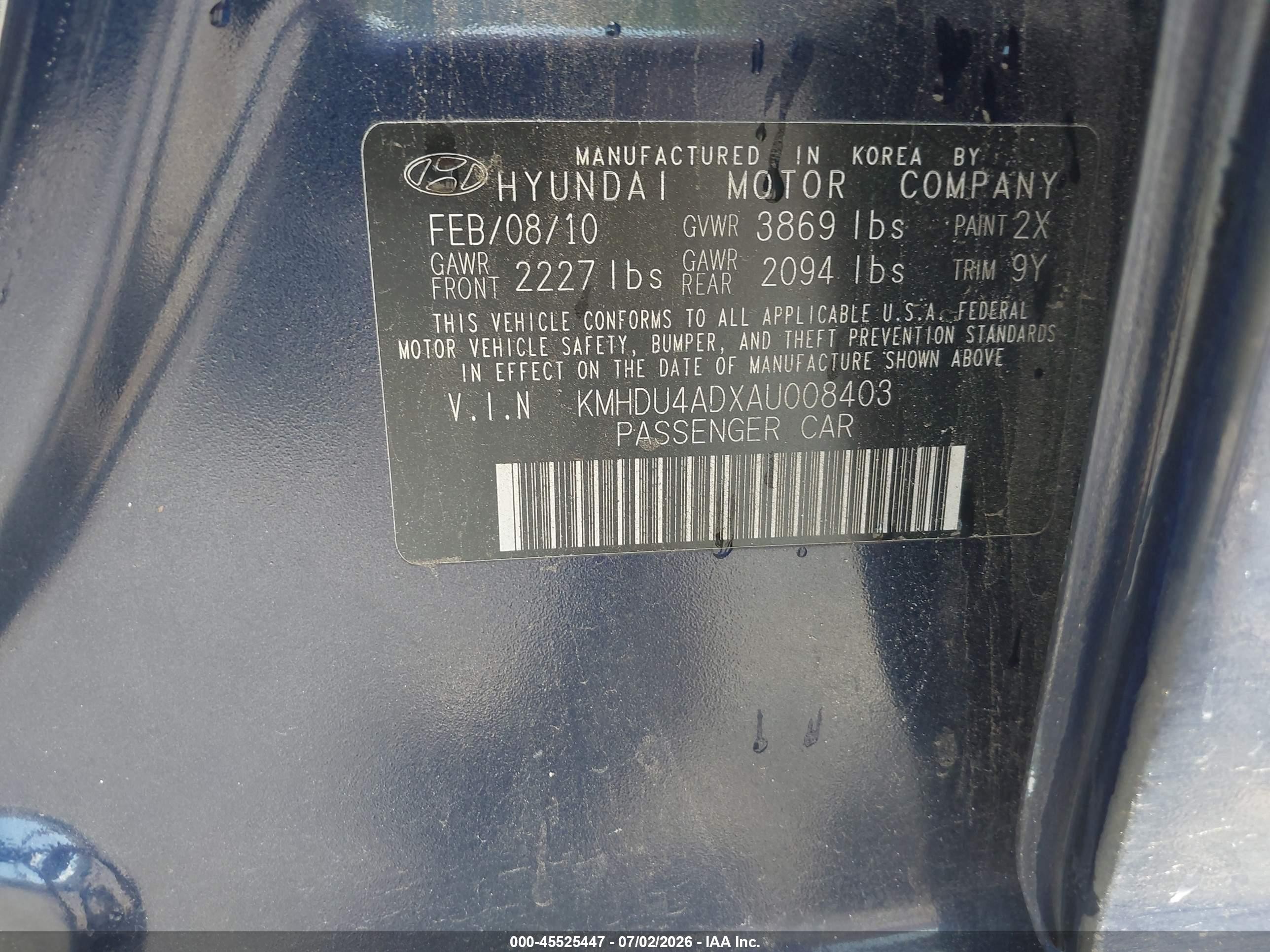 2010 Hyundai Elantra Gls Blue vin: KMHDU4ADXAU008403