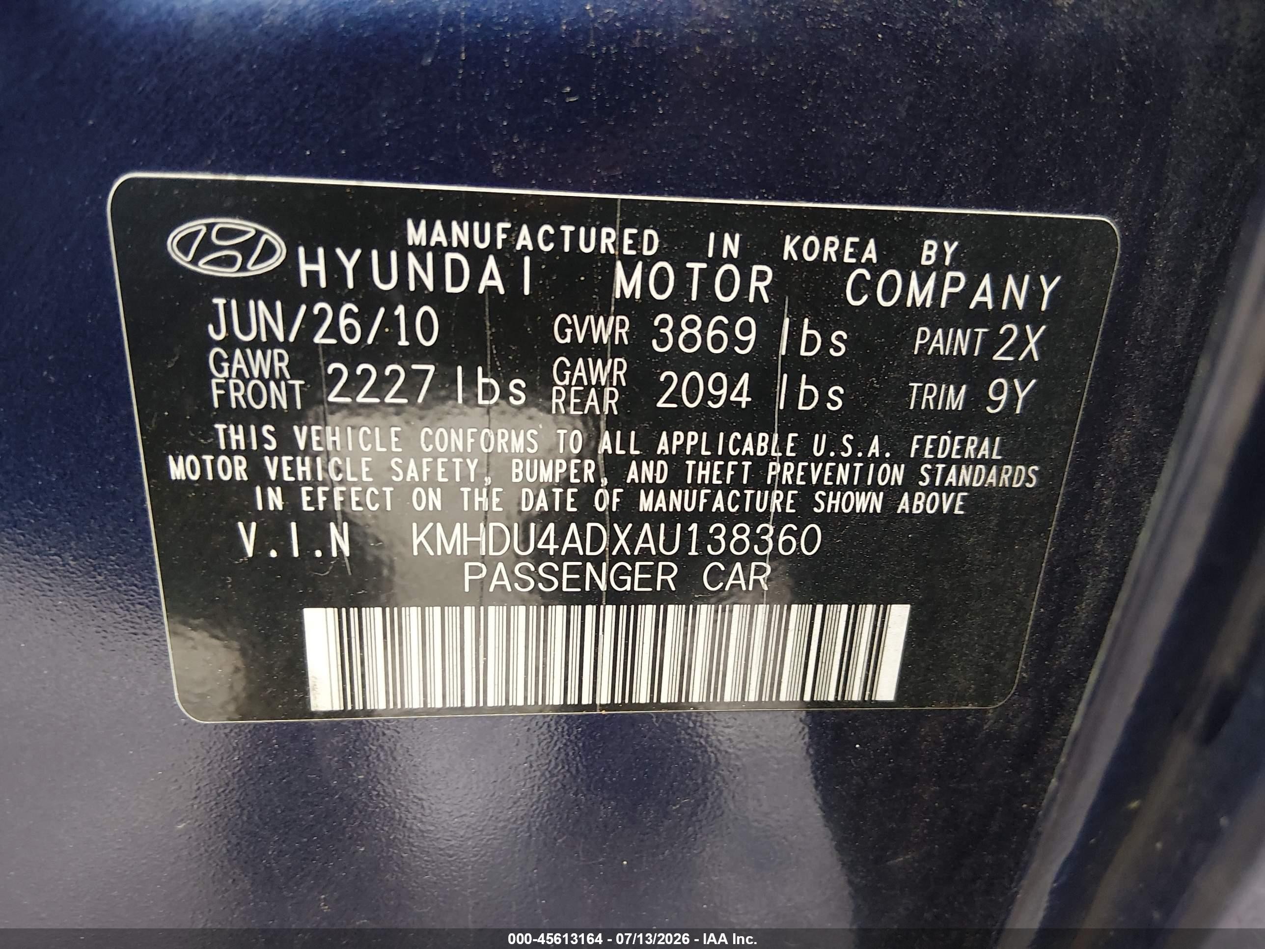 2010 Hyundai Elantra Se Blue vin: KMHDU4ADXAU138360