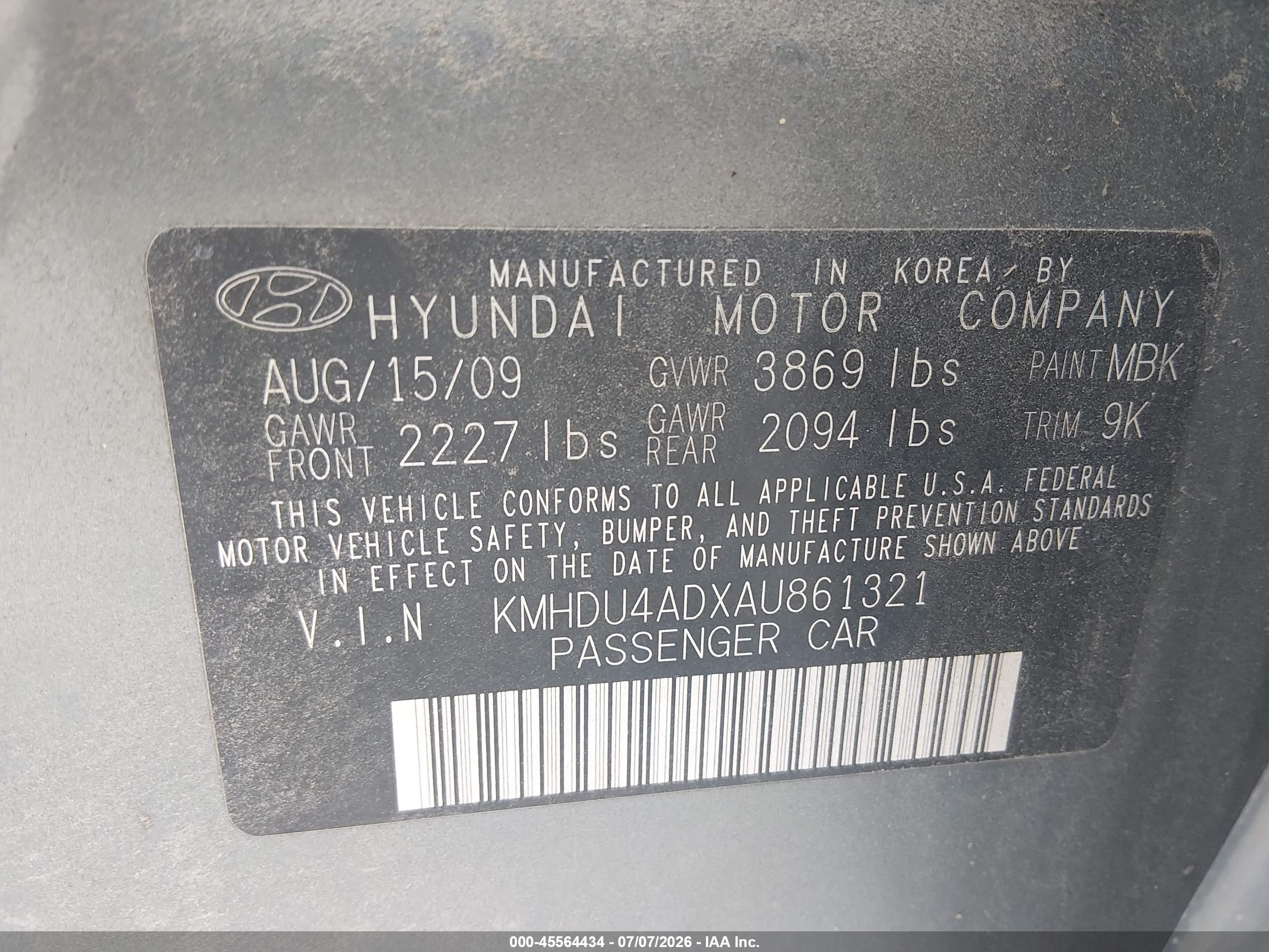 2010 Hyundai Elantra Gls Teal vin: KMHDU4ADXAU861321