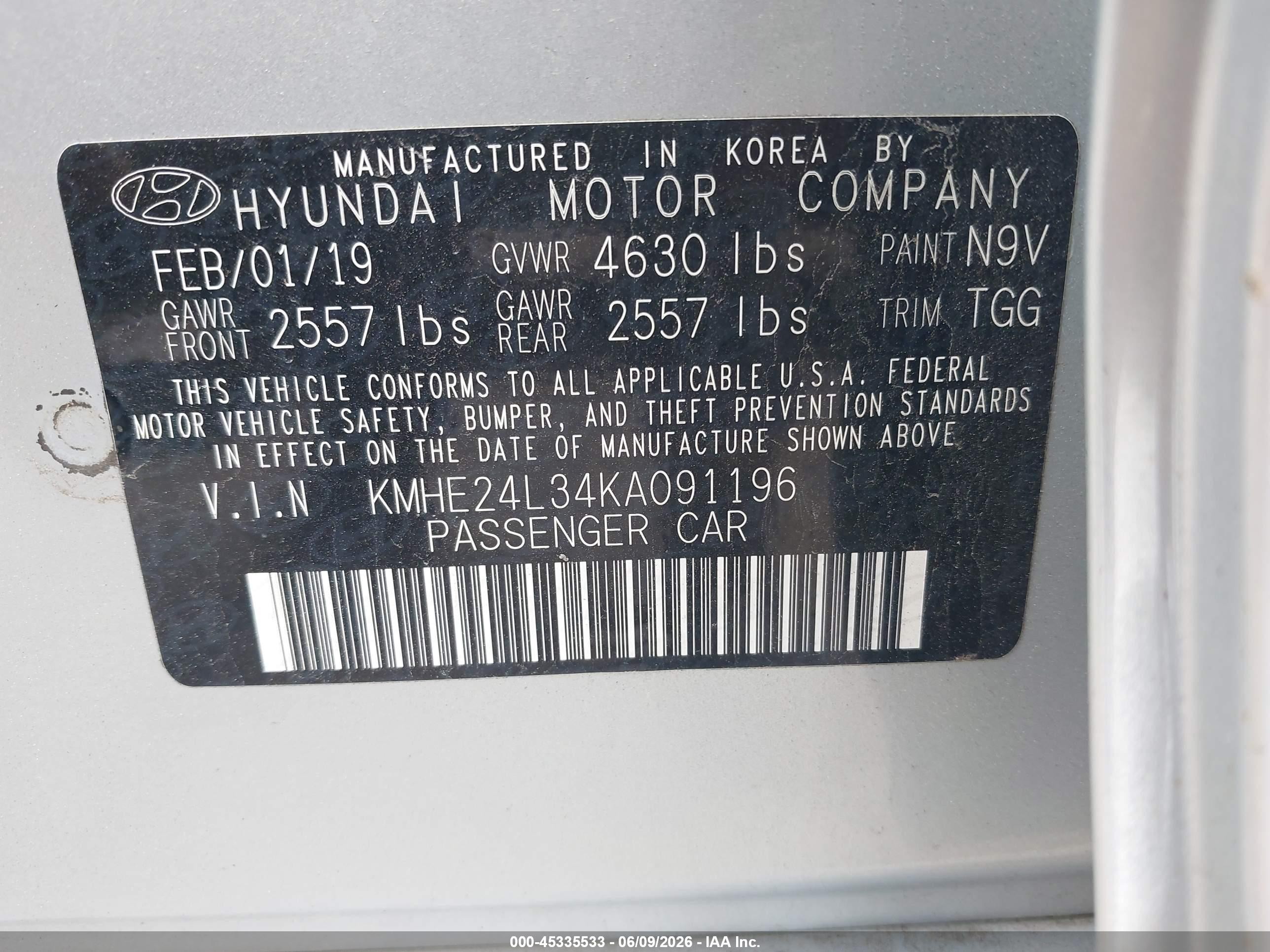 2019 Hyundai Sonata Hybrid Se Gray vin: KMHE24L34KA091196