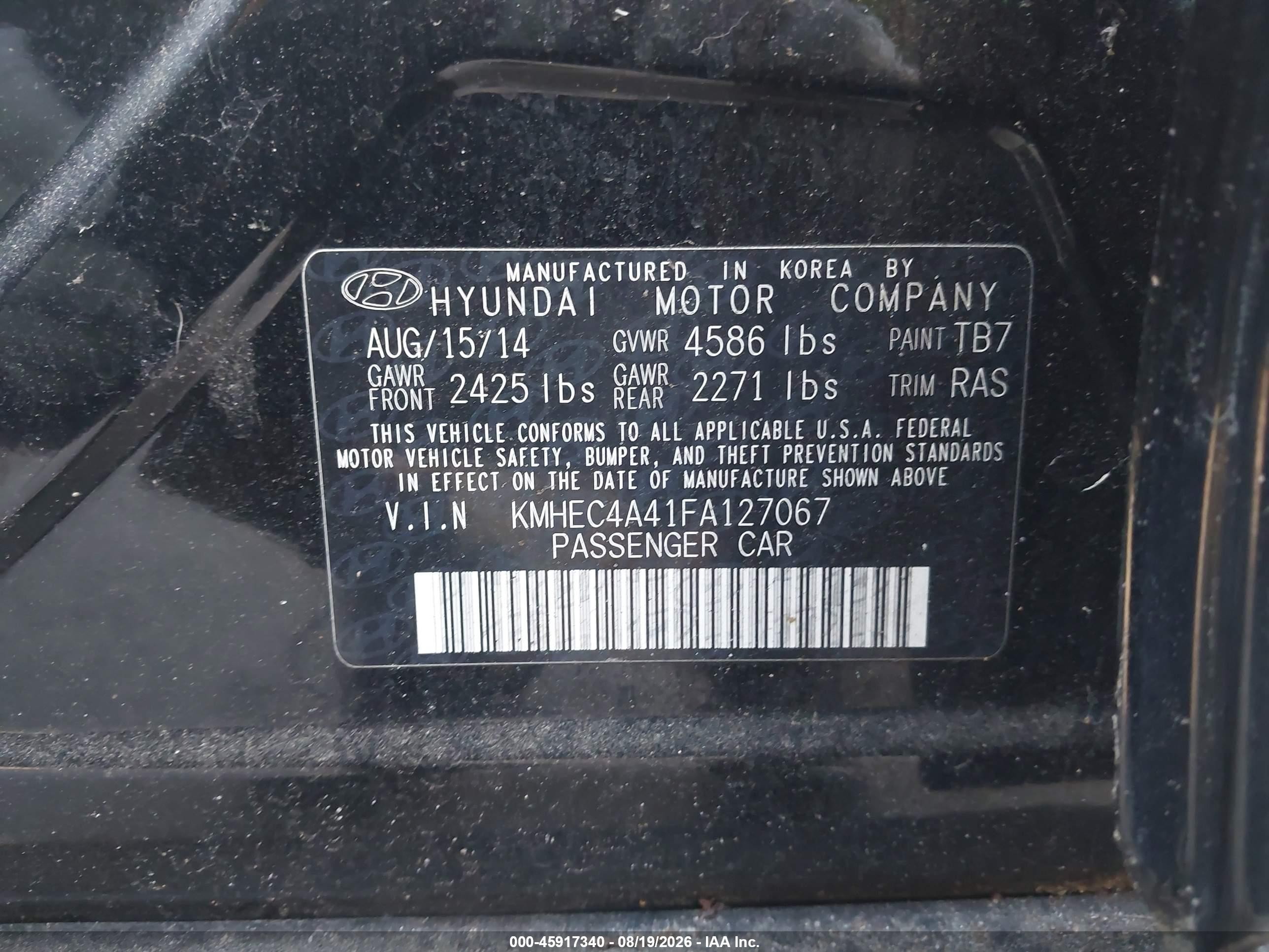 2015 Hyundai Sonata Hybrid Limited Black vin: KMHEC4A41FA127067