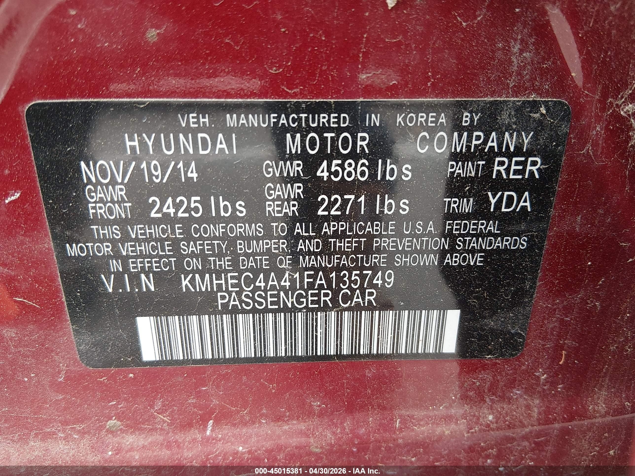 2015 Hyundai Sonata Hybrid Limited Red vin: KMHEC4A41FA135749