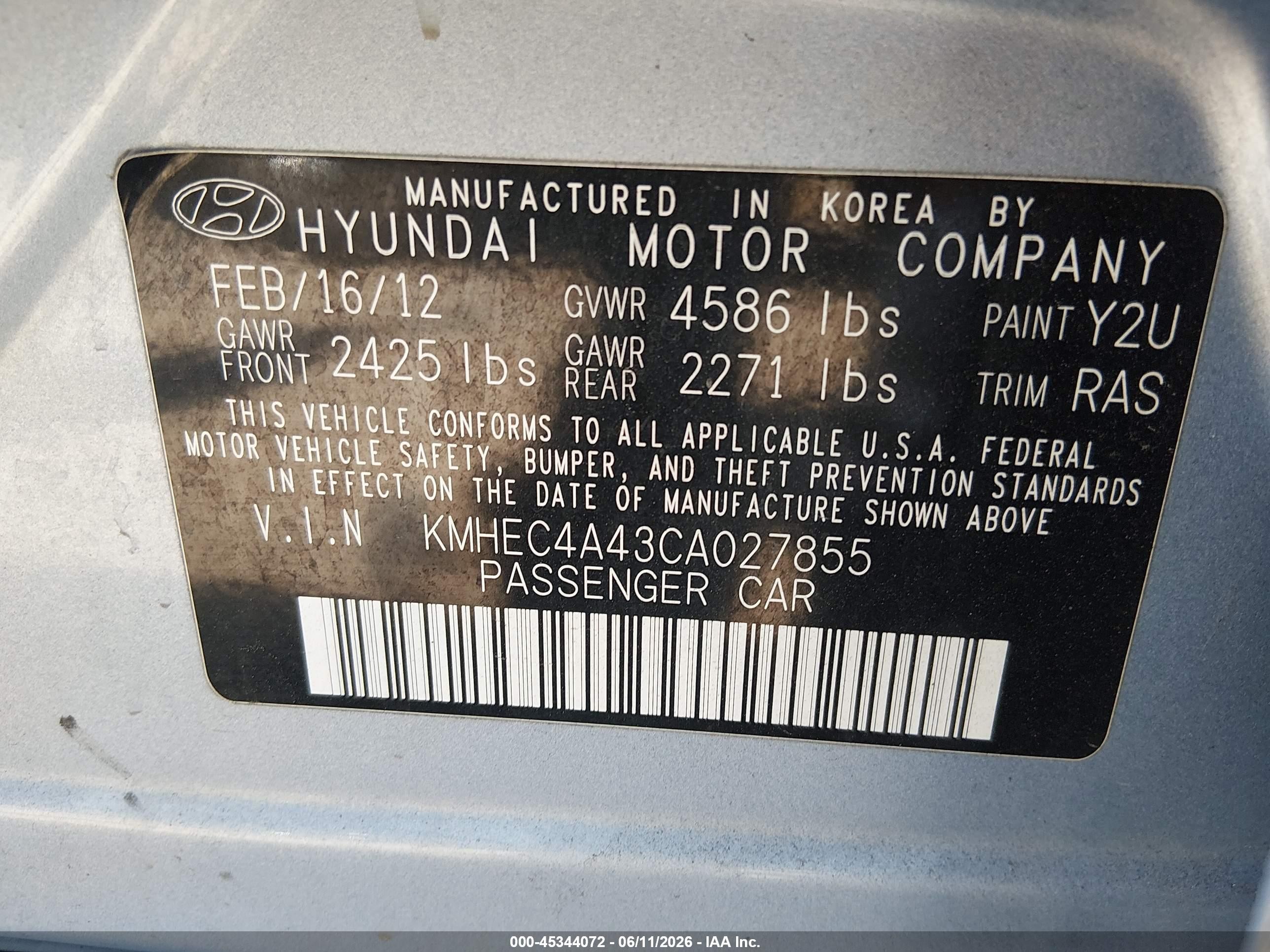 2012 Hyundai Sonata Hybrid Light Blue vin: KMHEC4A43CA027855