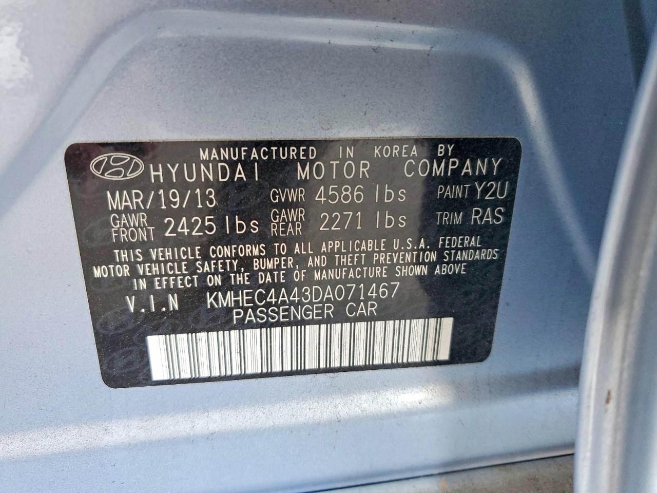 2013 Hyundai Sonata Hybrid Blue vin: KMHEC4A43DA071467