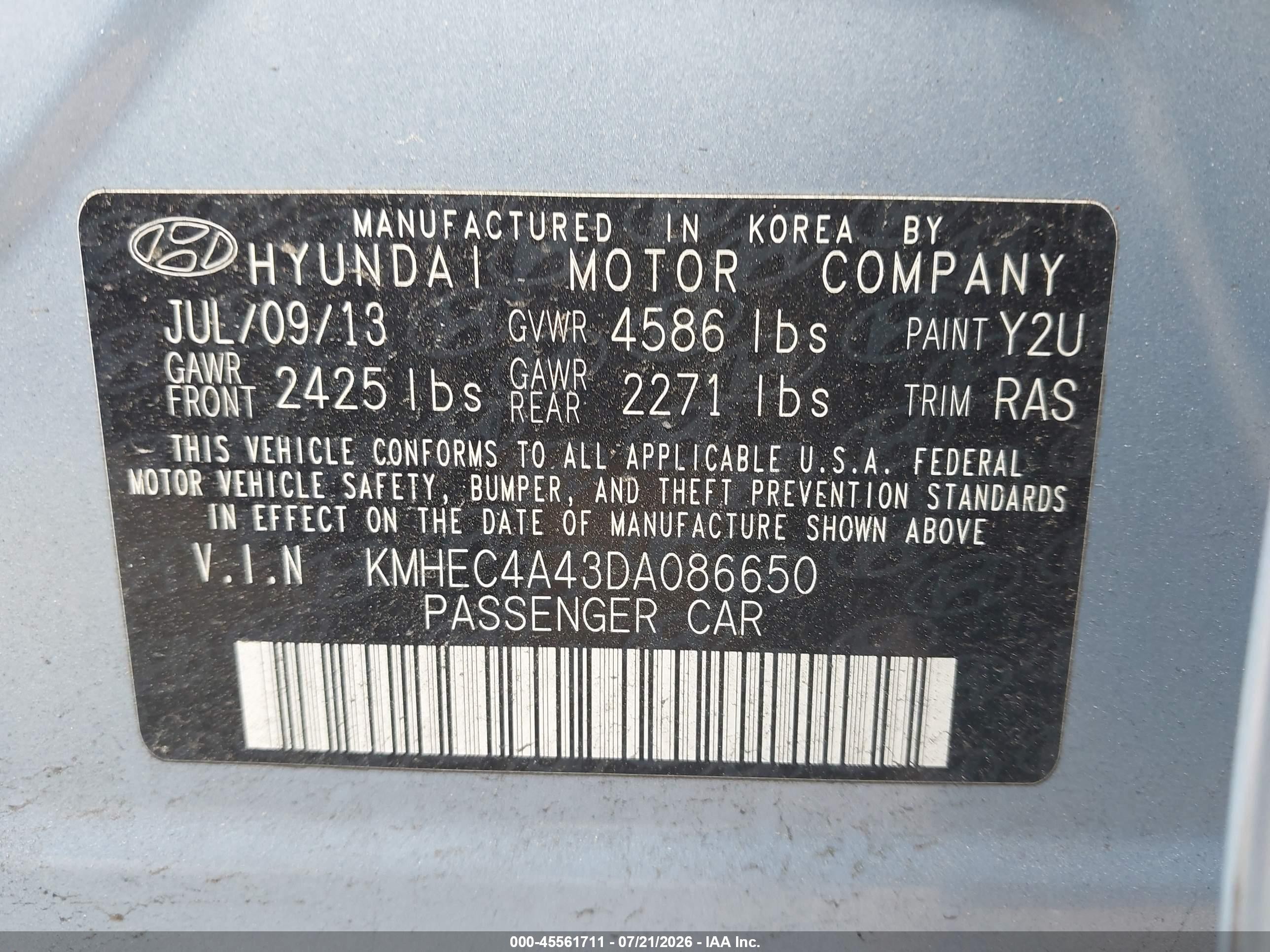 2013 Hyundai Sonata Hybrid   Blue vin: KMHEC4A43DA086650