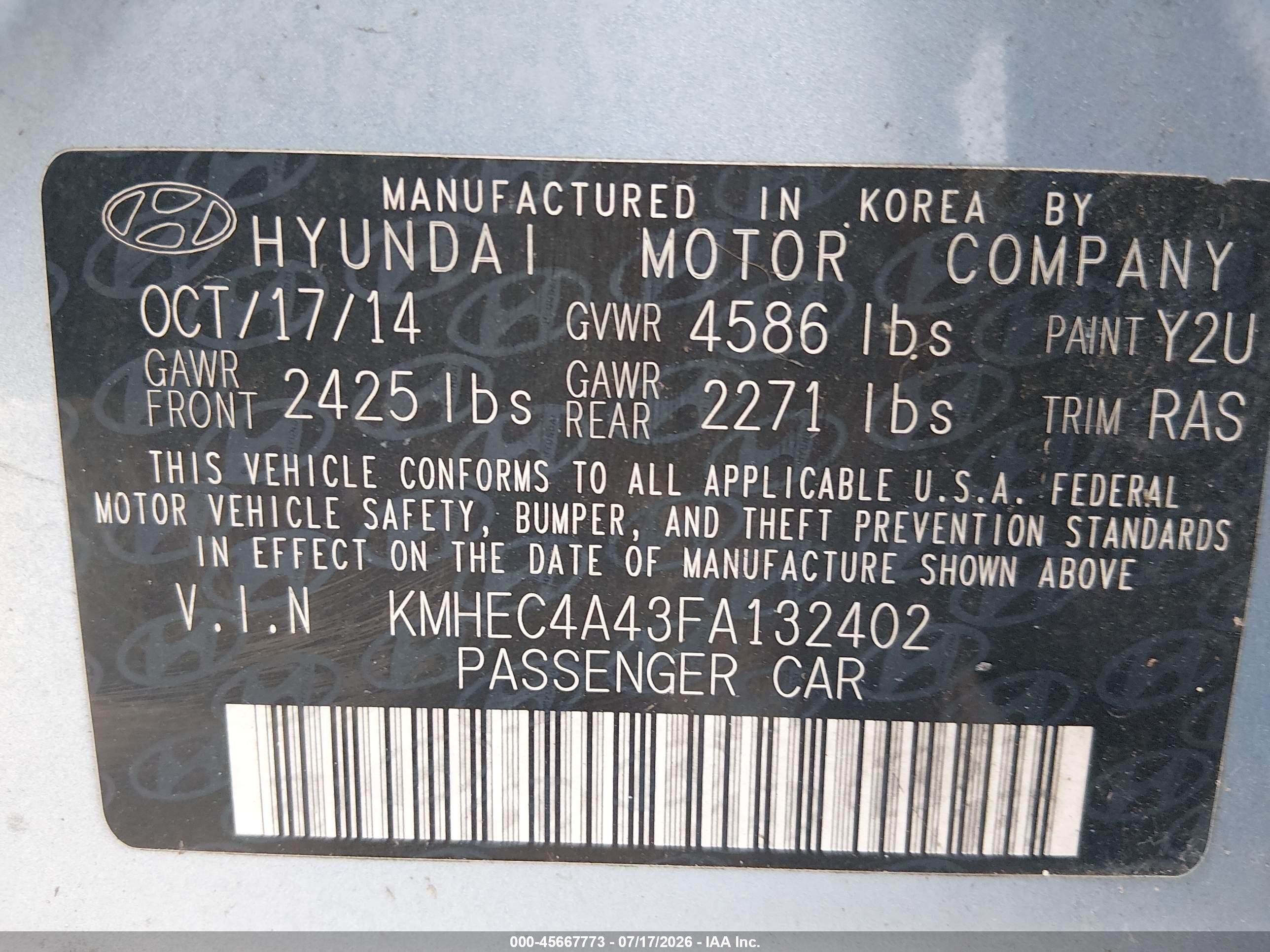 2015 Hyundai Sonata Hybrid Limited Light Blue vin: KMHEC4A43FA132402