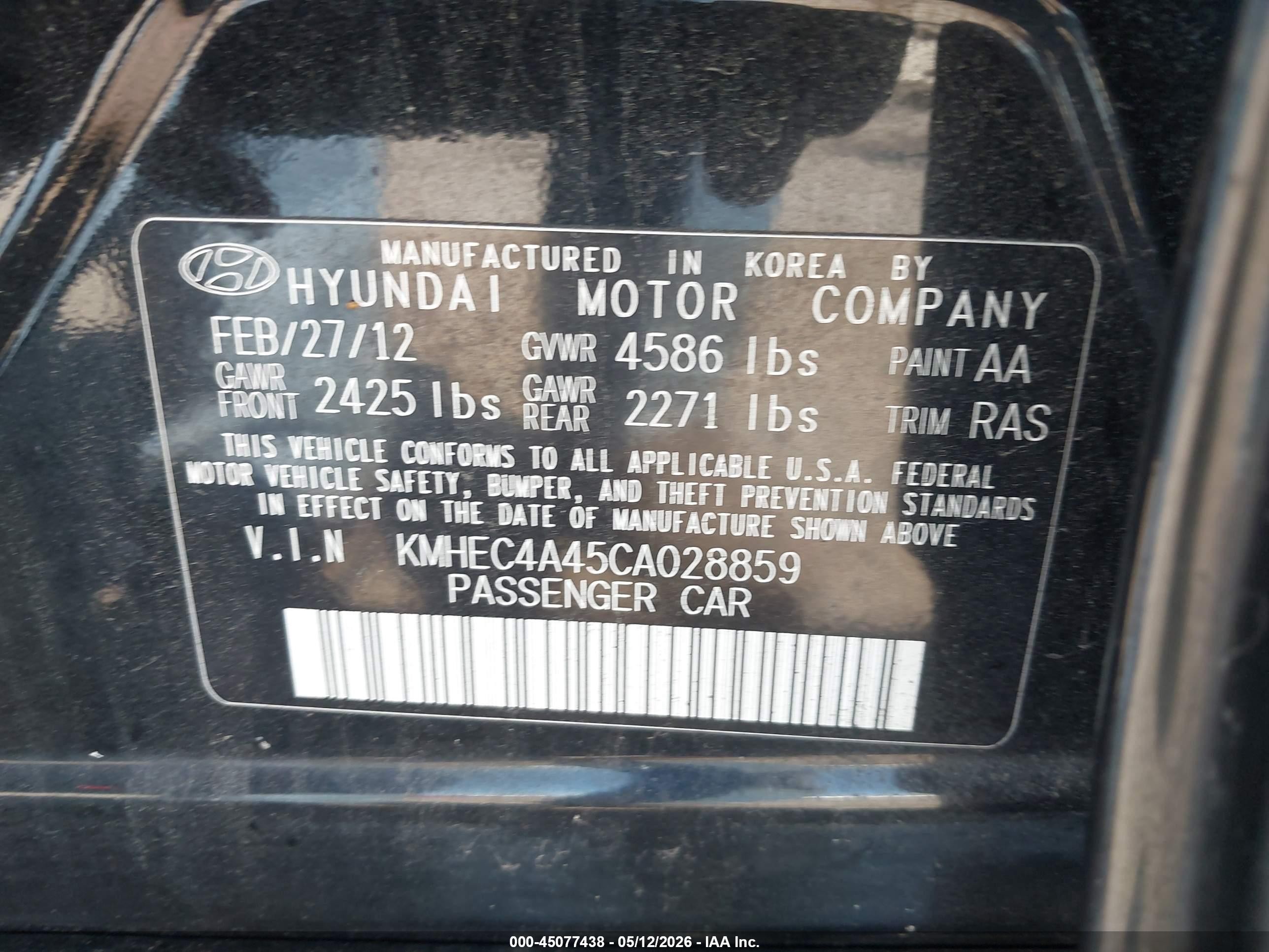 2012 Hyundai Sonata Hybrid   Black vin: KMHEC4A45CA028859