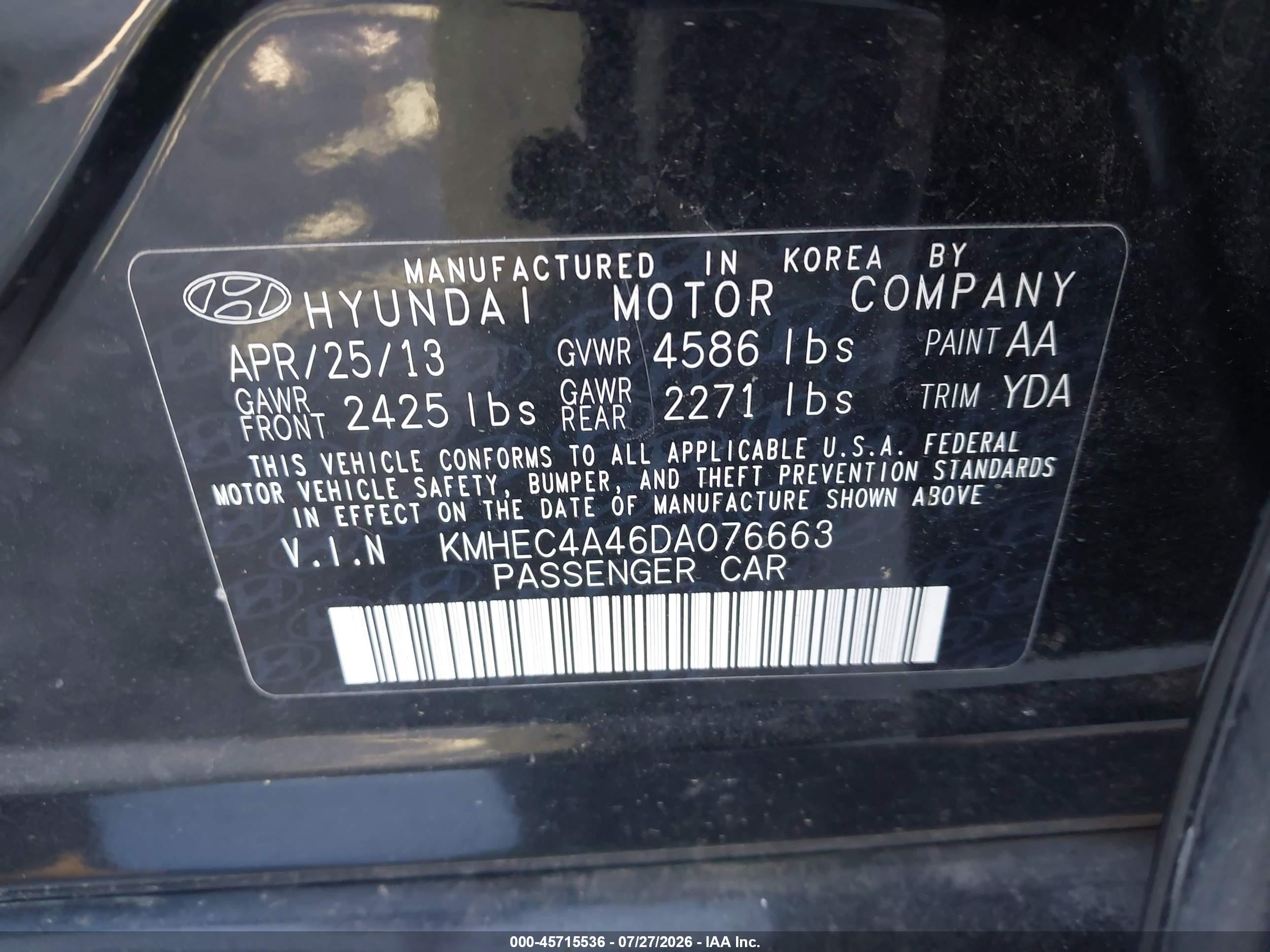 2013 Hyundai Sonata Hybrid Limited Black vin: KMHEC4A46DA076663