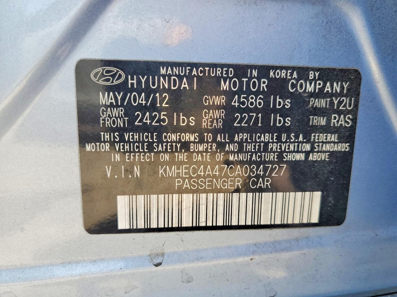 2012 Hyundai Sonata Hybrid Blue vin: KMHEC4A47CA034727