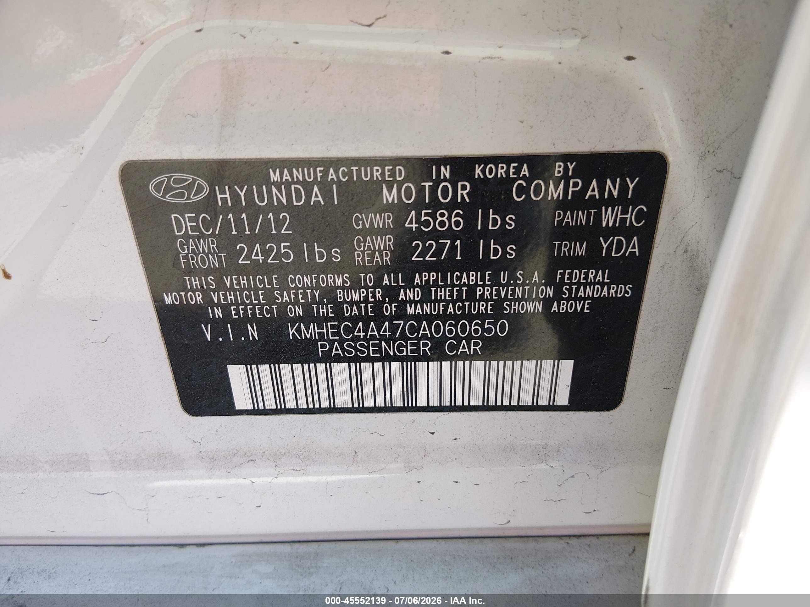 2012 Hyundai Sonata Hybrid   White vin: KMHEC4A47CA060650