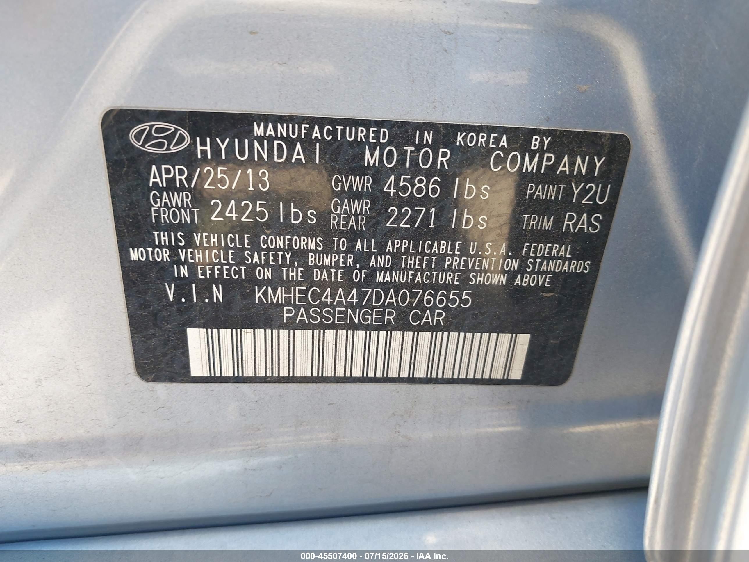 2013 Hyundai Sonata Hybrid   Light Blue vin: KMHEC4A47DA076655