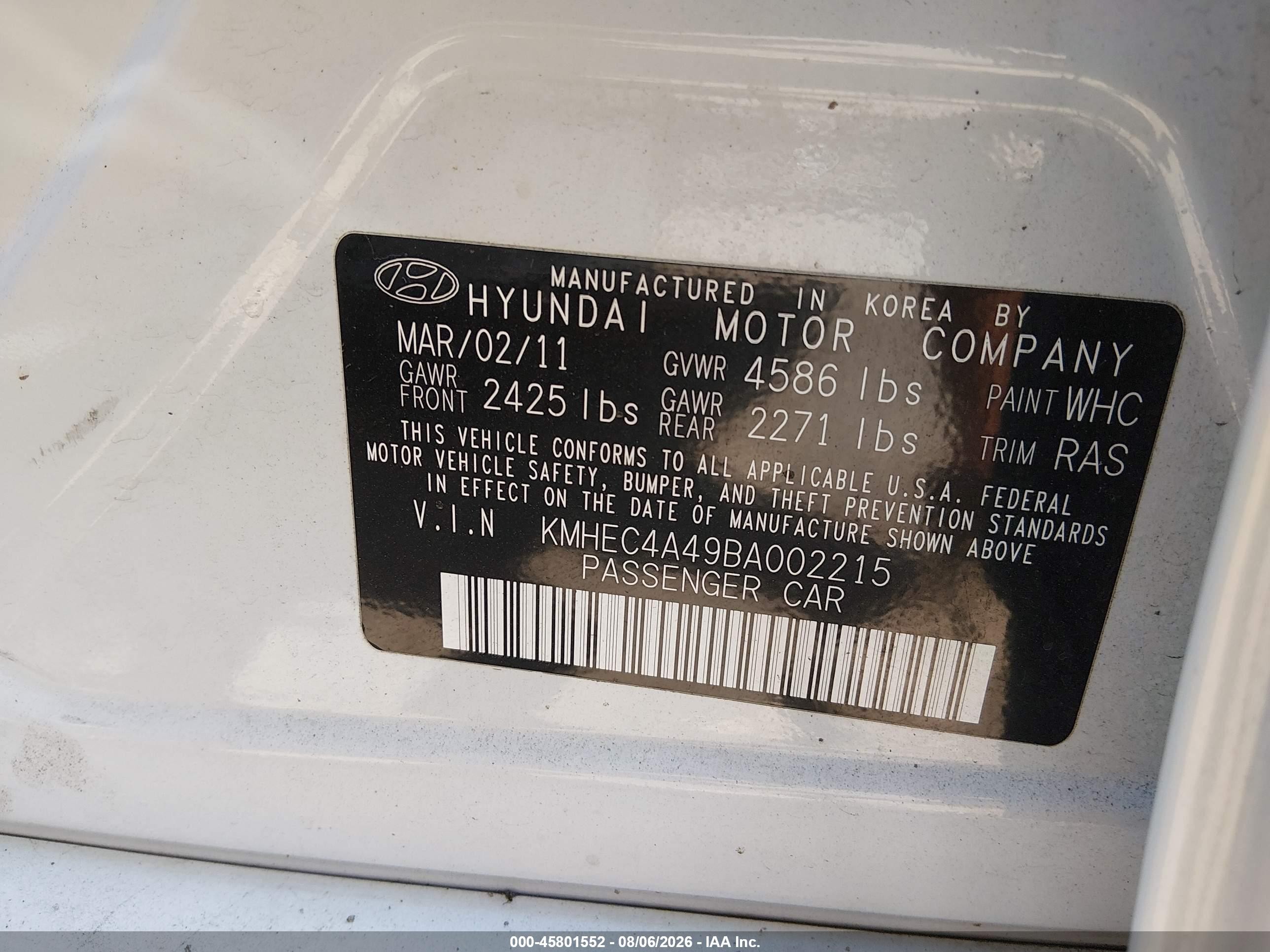 2011 Hyundai Sonata Hybrid   White vin: KMHEC4A49BA002215