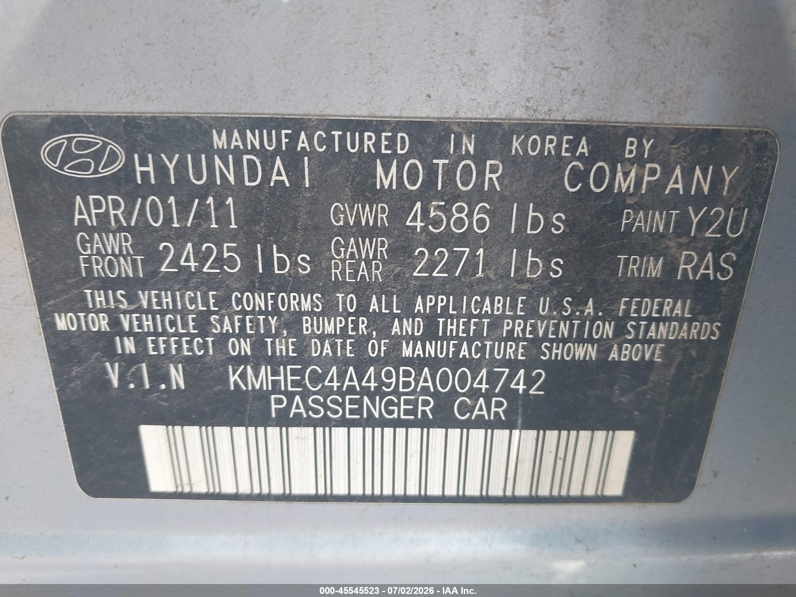 2011 Hyundai Sonata Hybrid   Blue vin: KMHEC4A49BA004742