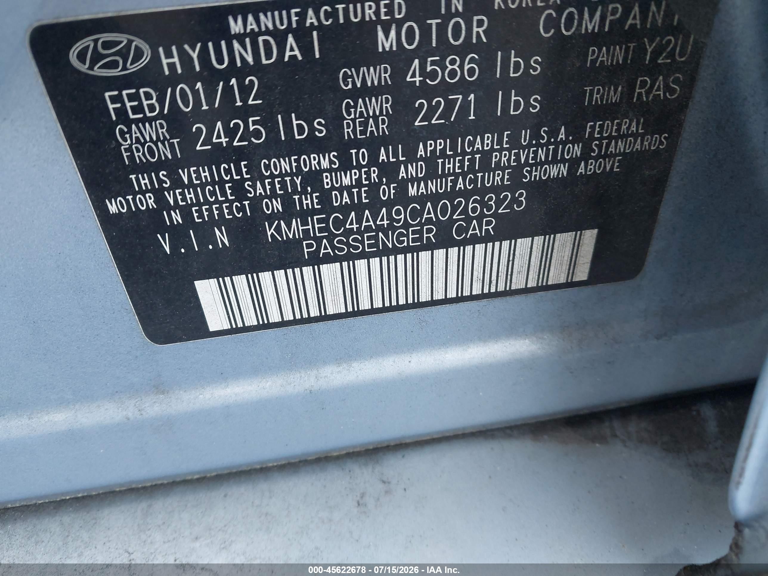 2012 Hyundai Sonata Hybrid Teal vin: KMHEC4A49CA026323