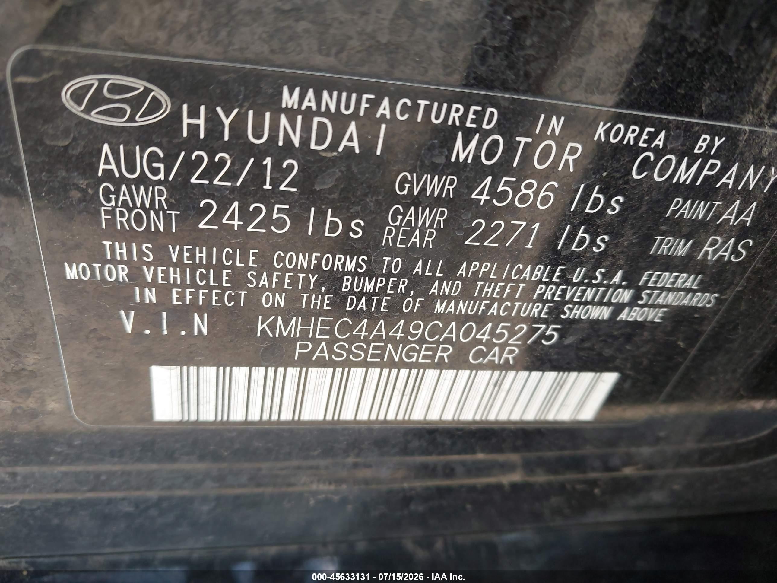 2012 Hyundai Sonata Hybrid   Black vin: KMHEC4A49CA045275