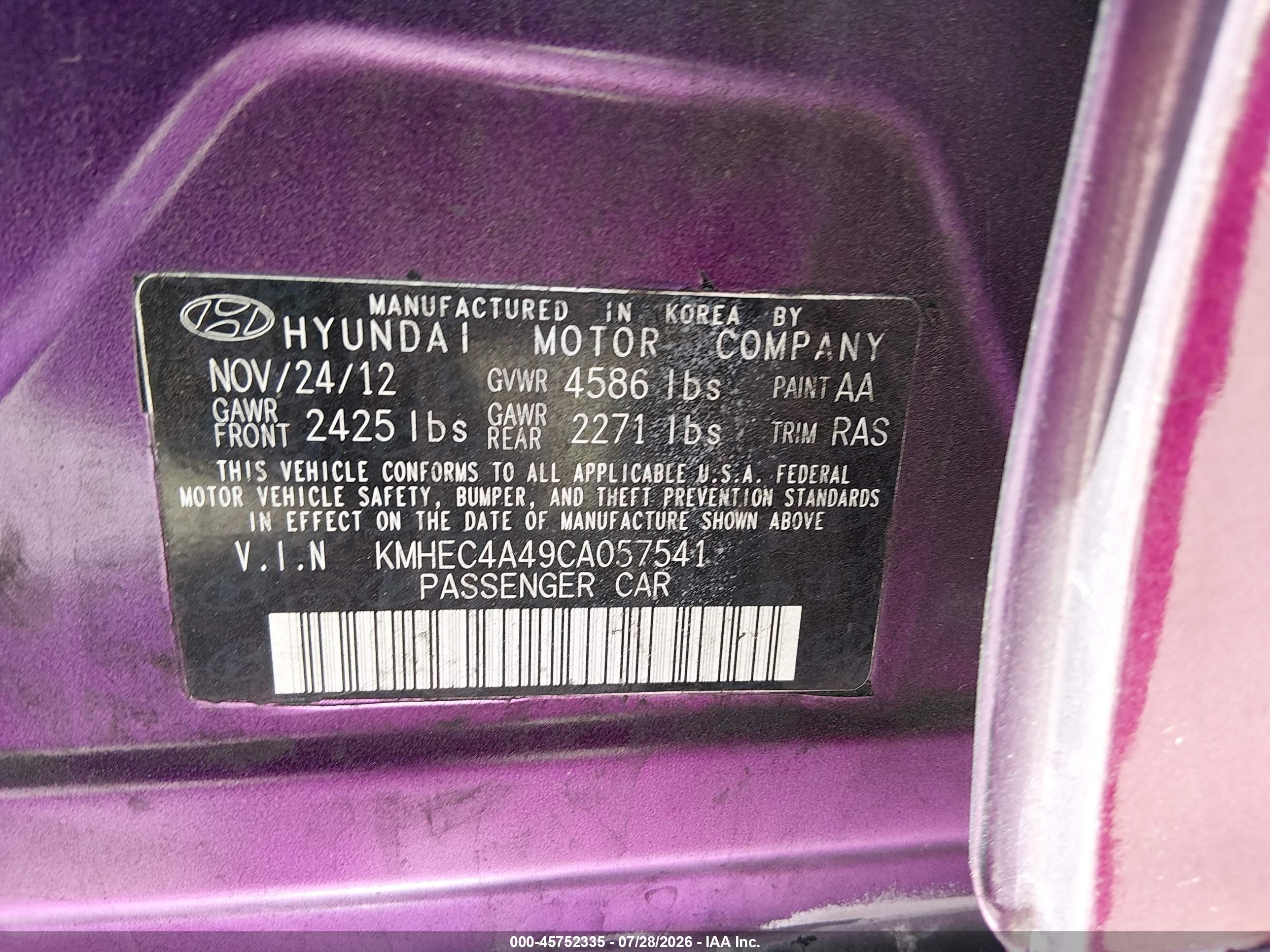 2012 Hyundai Sonata Hybrid   Pink vin: KMHEC4A49CA057541