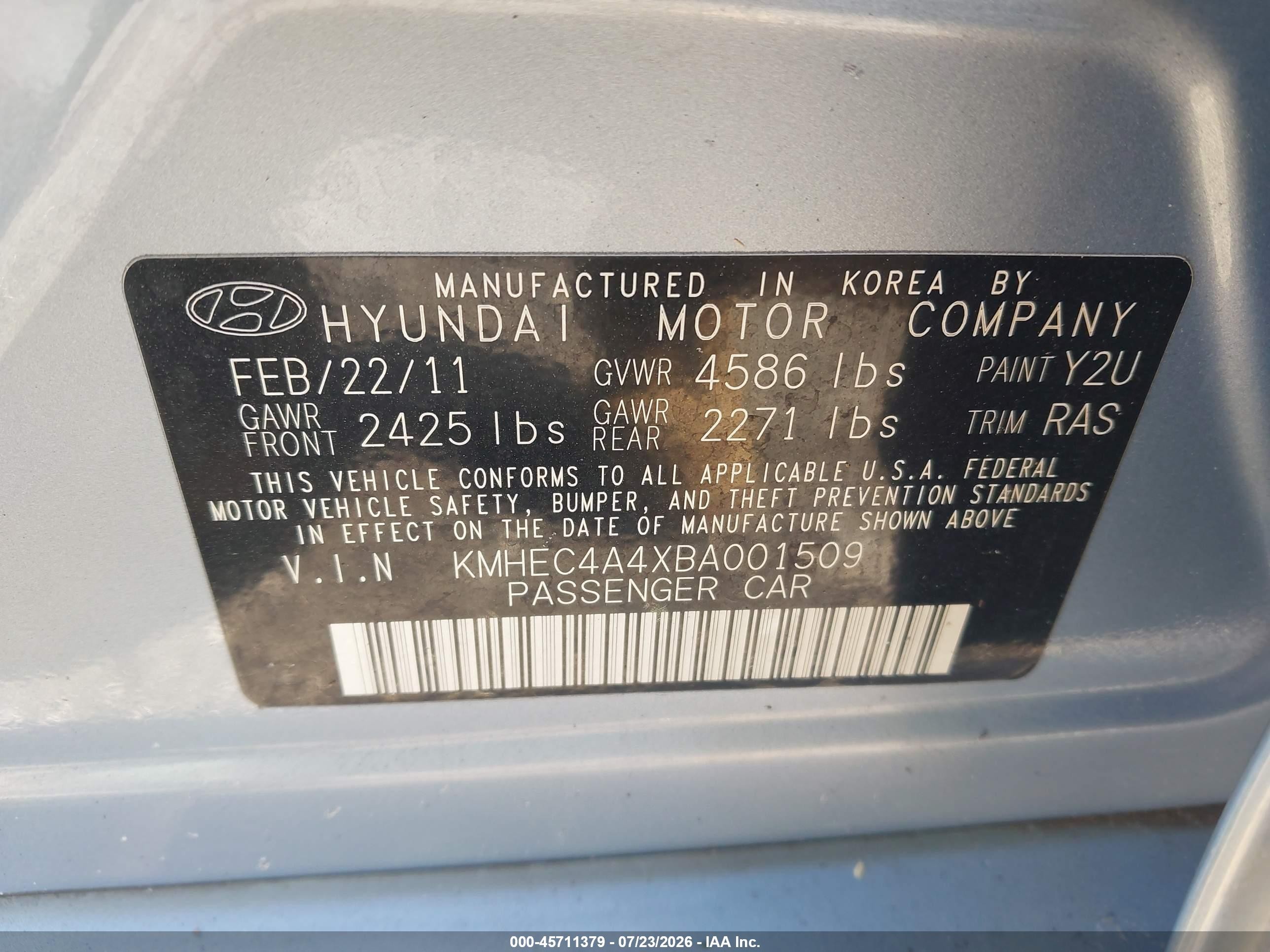 2011 Hyundai Sonata Hybrid   Light Blue vin: KMHEC4A4XBA001509