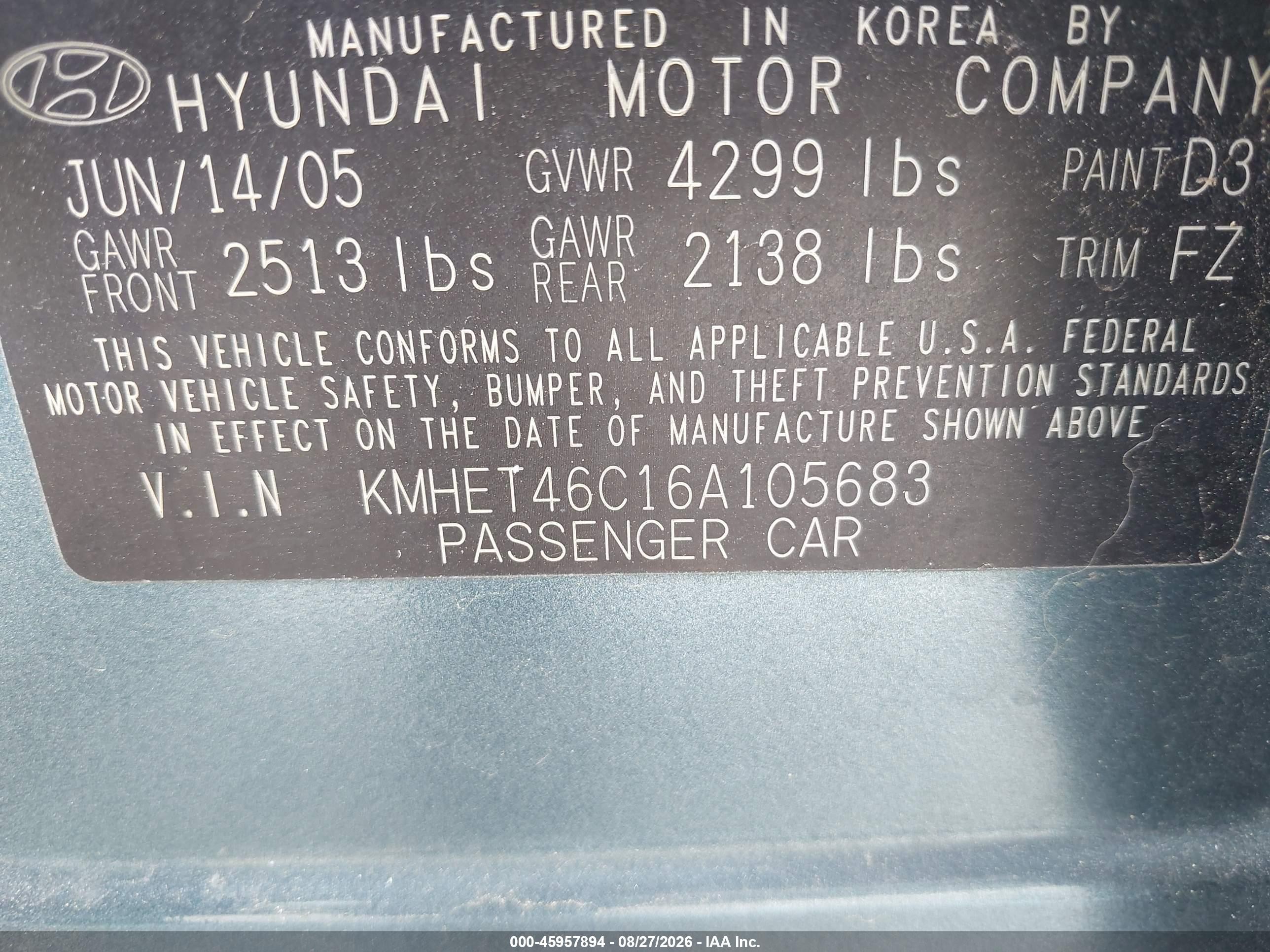 2006 Hyundai Sonata Gl Blue vin: KMHET46C16A105683