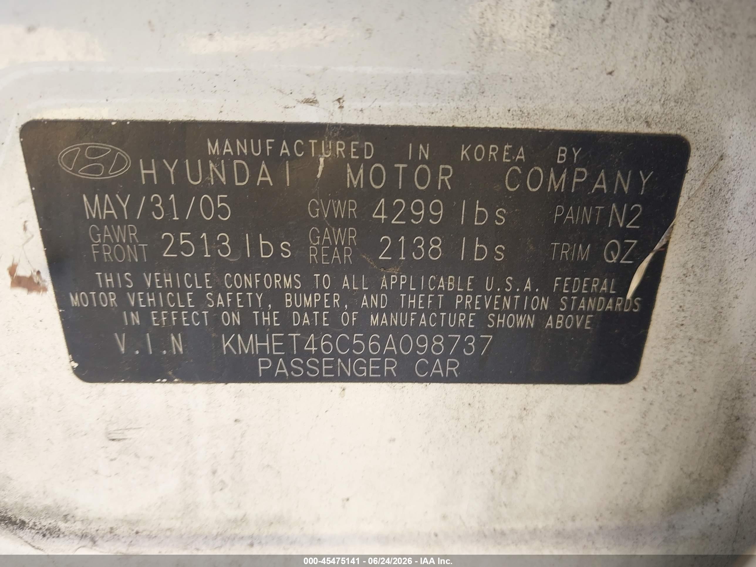 2006 Hyundai Sonata Gl White vin: KMHET46C56A098737