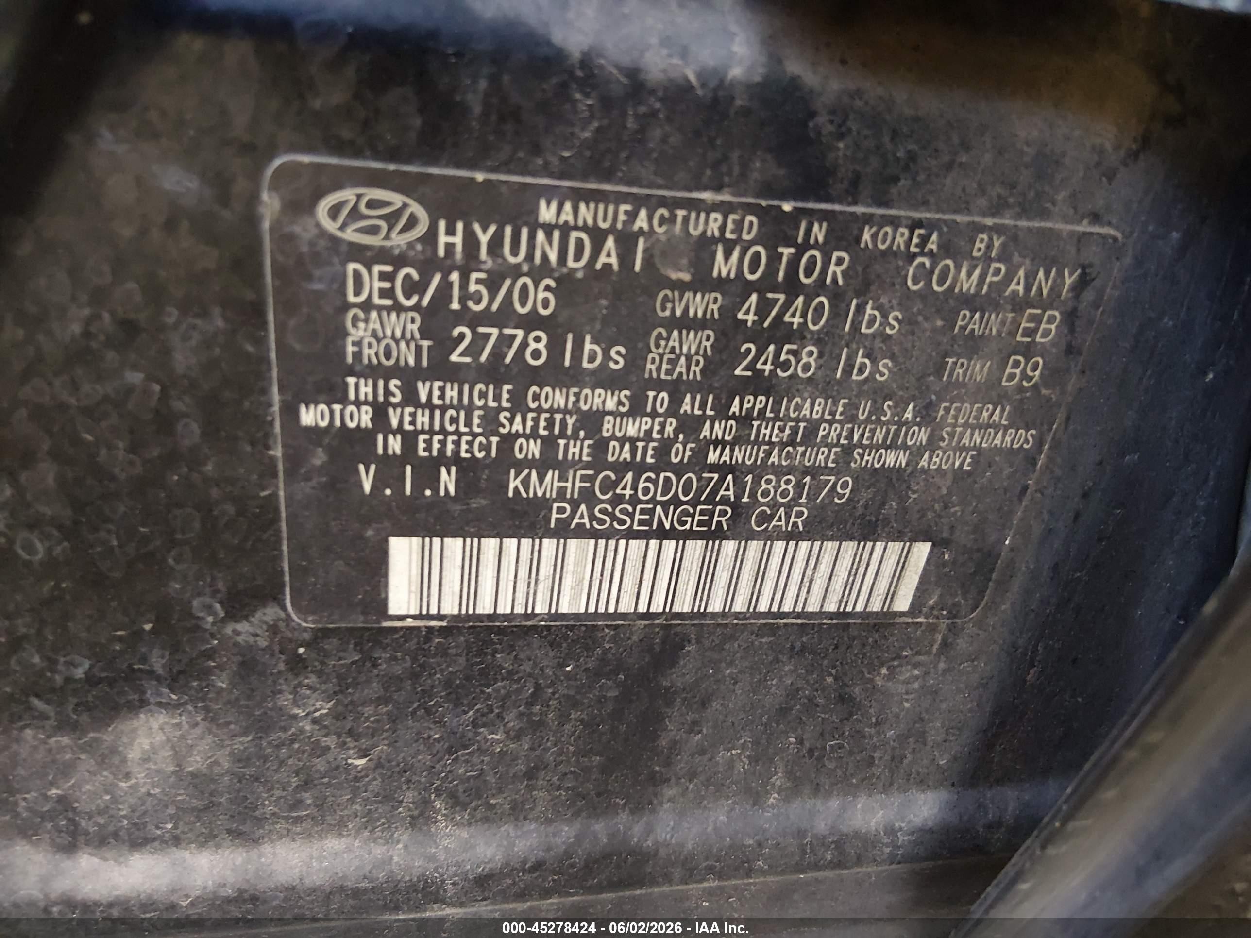 2007 Hyundai Azera Gls Black vin: KMHFC46D07A188179