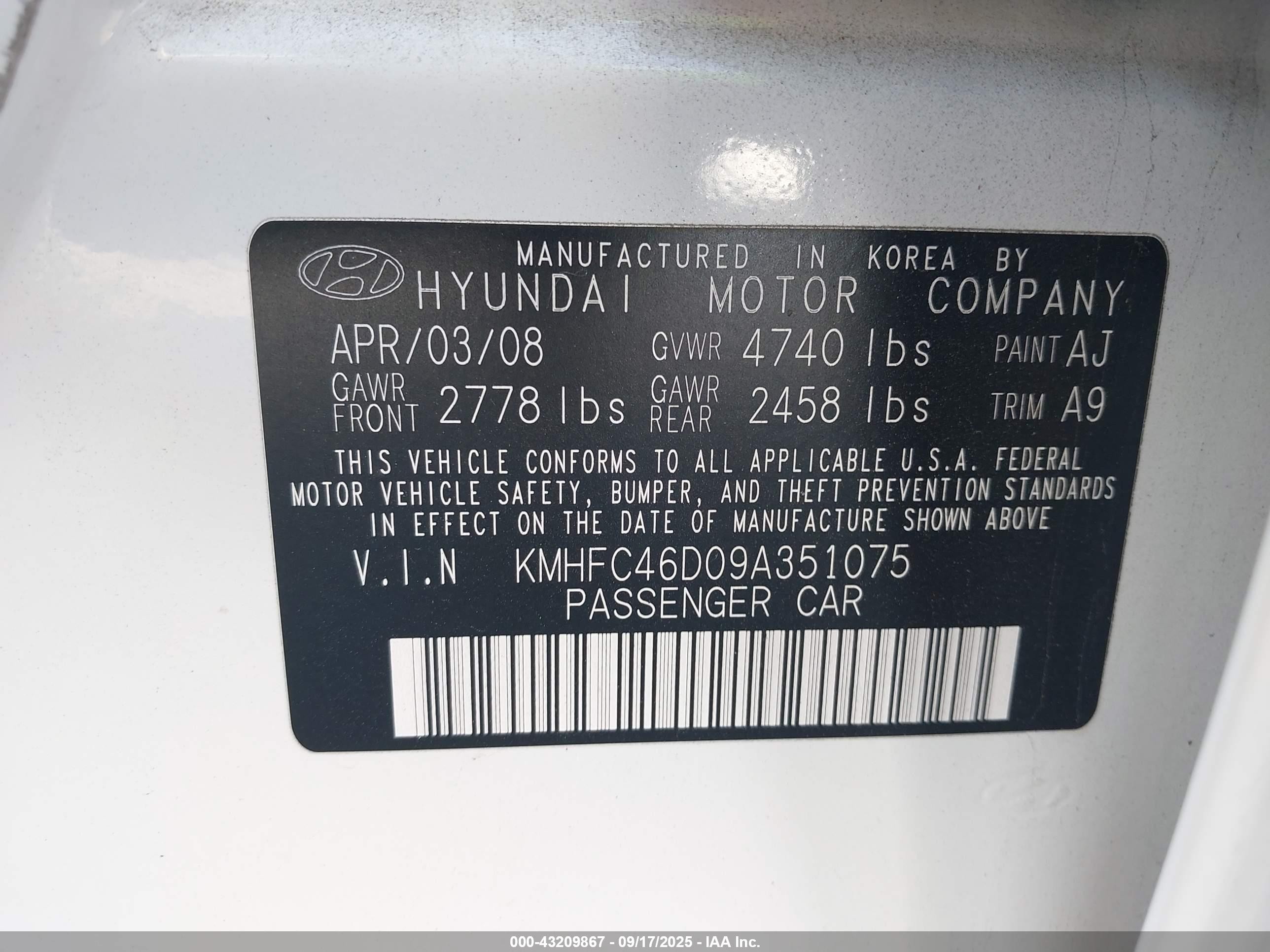 2009 Hyundai Azera Gls Белый vin: KMHFC46D09A351075