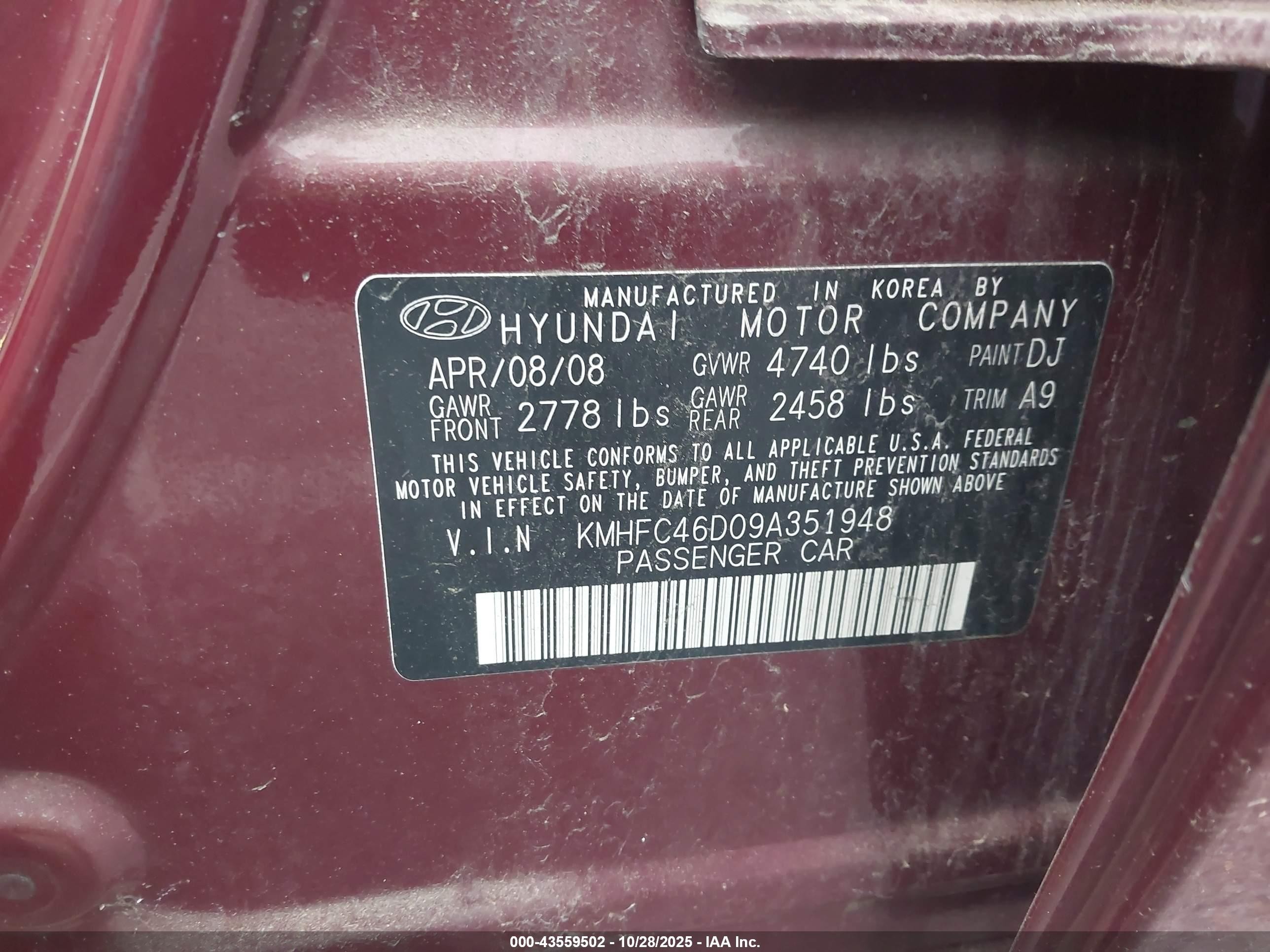 2009 Hyundai Azera Gls Red vin: KMHFC46D09A351948