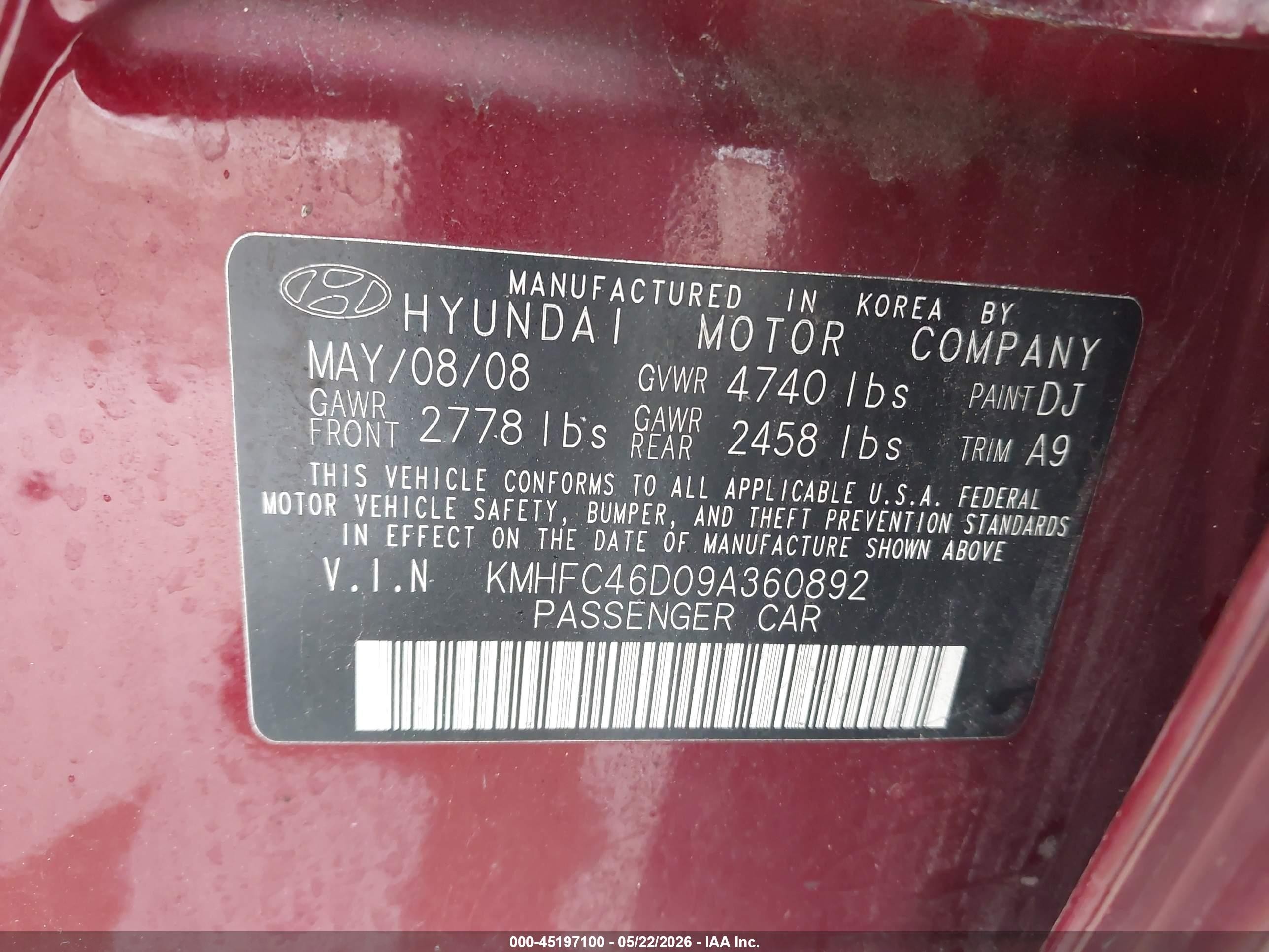 2009 Hyundai Azera Gls Red vin: KMHFC46D09A360892
