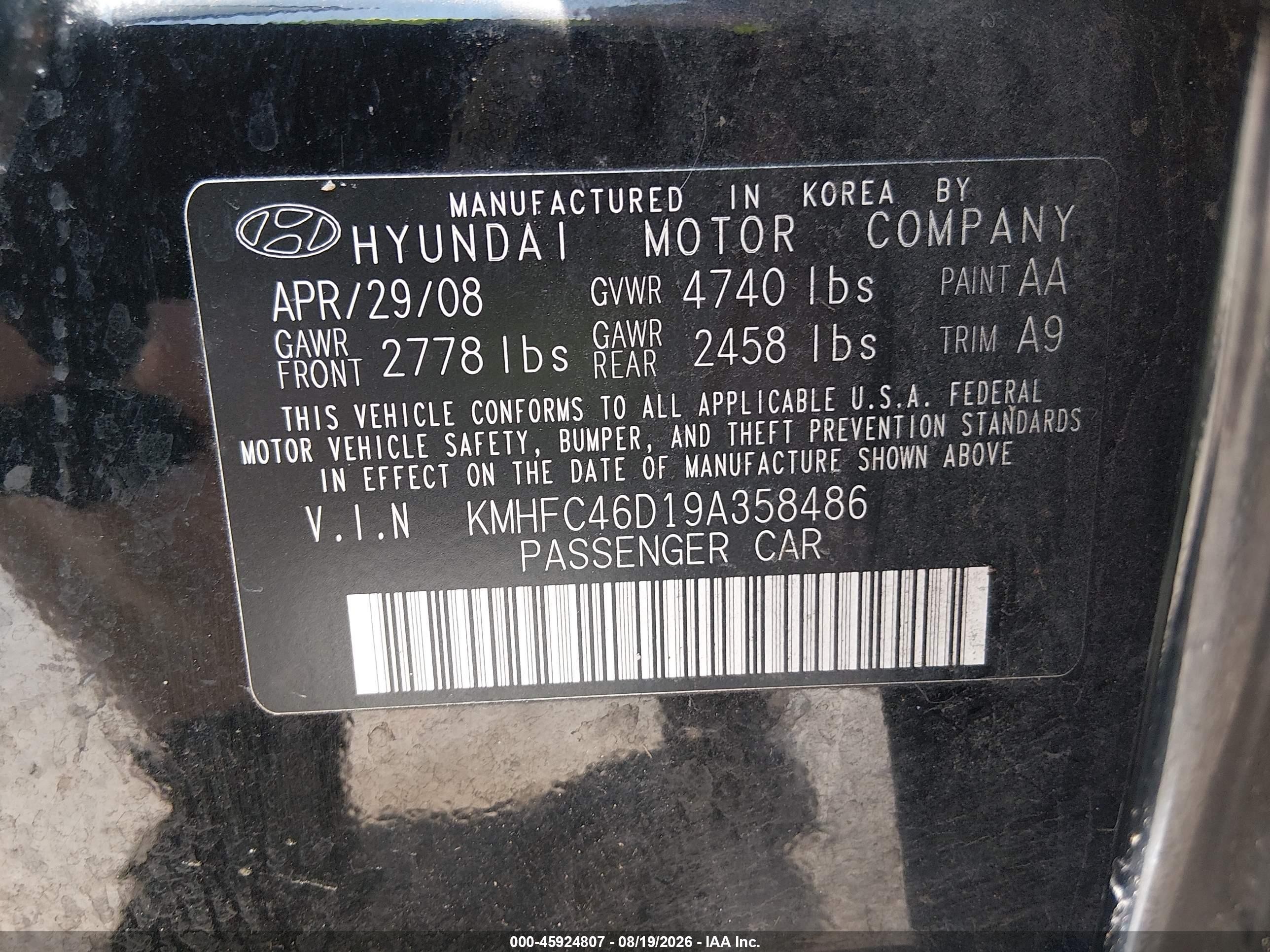 2009 Hyundai Azera Gls Black vin: KMHFC46D19A358486