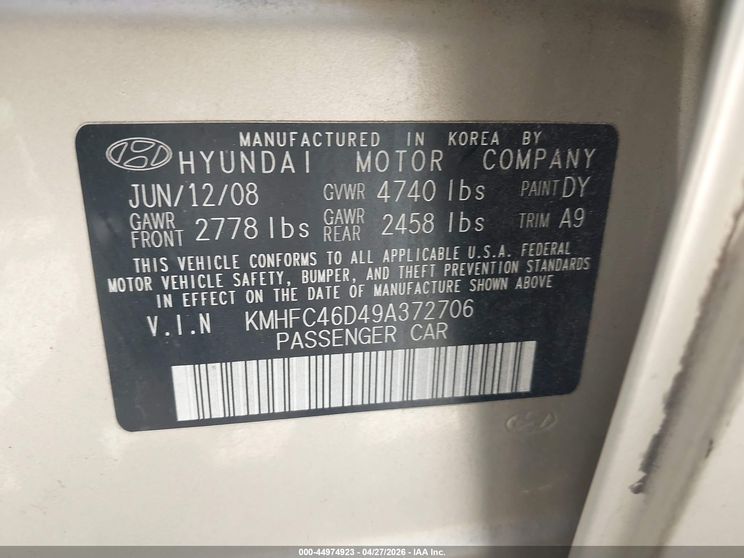 2009 Hyundai Azera Gls Gold vin: KMHFC46D49A372706