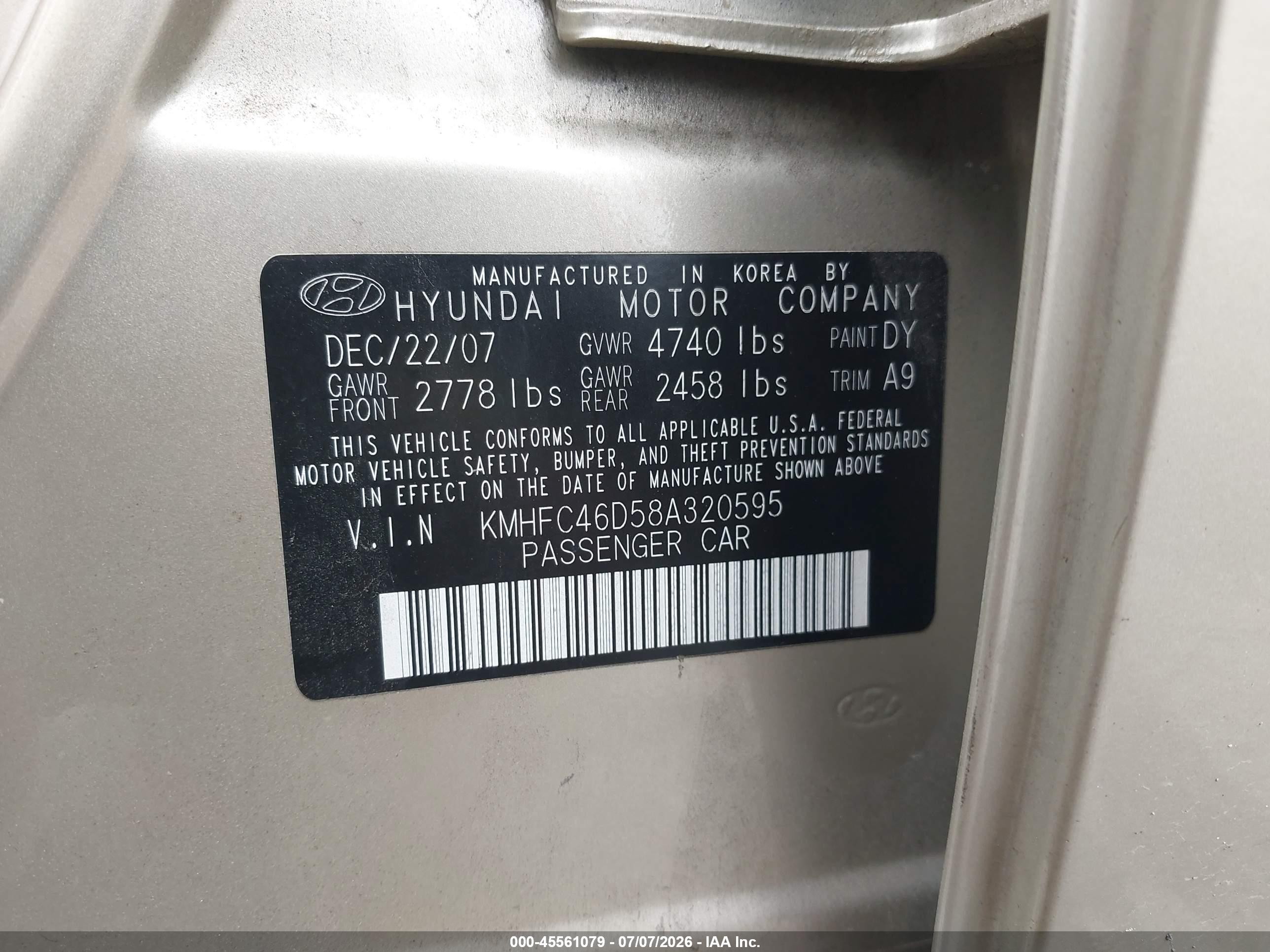 2008 Hyundai Azera Gls Серебряный vin: KMHFC46D58A320595