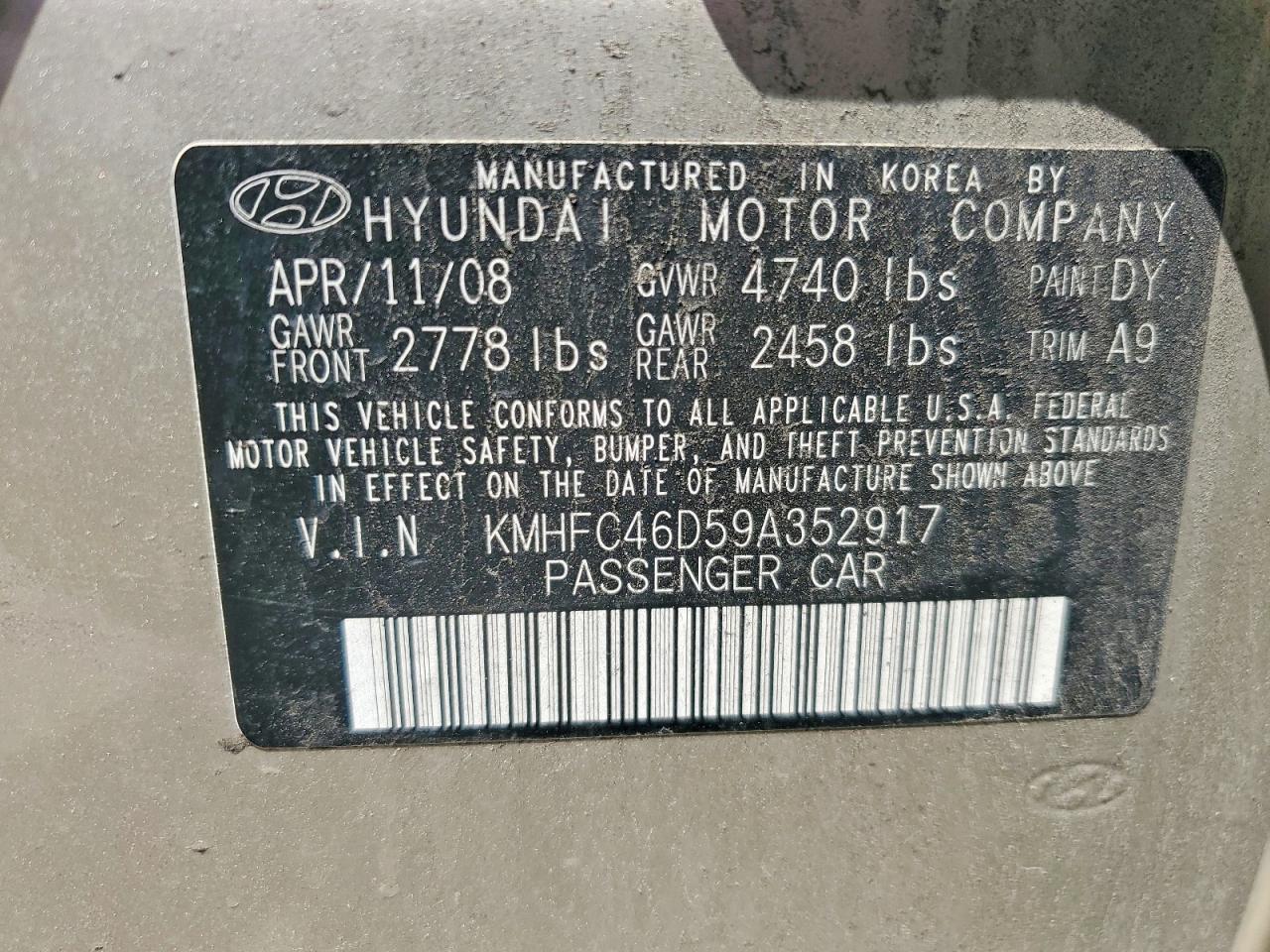 2009 Hyundai Azera Gls Beige vin: KMHFC46D59A352917