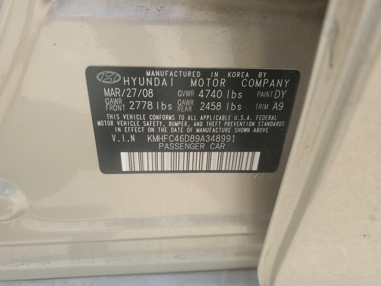 2009 Hyundai Azera Gls Gold vin: KMHFC46D89A348991