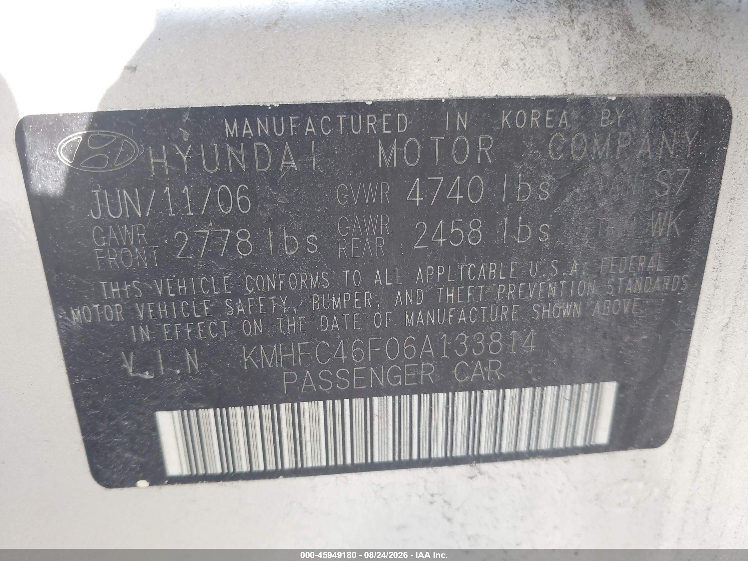 2006 Hyundai Azera Limited/se Silver vin: KMHFC46F06A133814