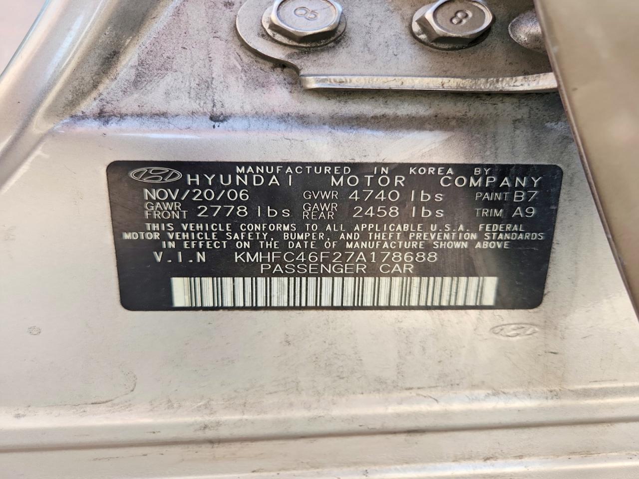 2007 Hyundai Azera Se Tan vin: KMHFC46F27A178688