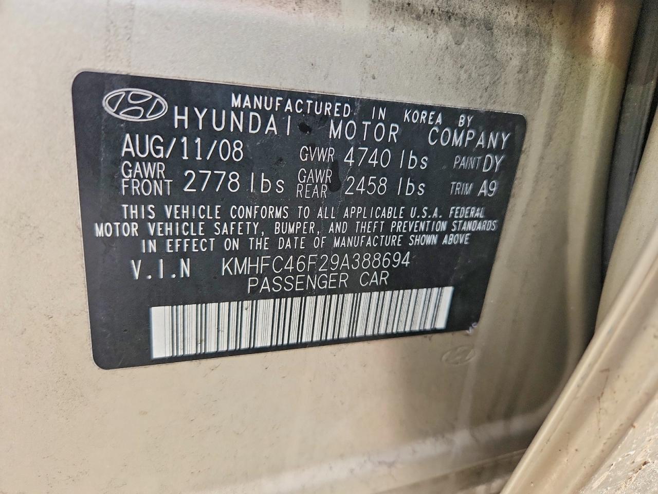 2009 Hyundai Azera Se Gold vin: KMHFC46F29A388694