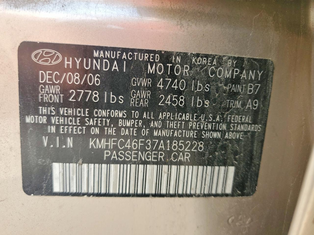 2007 Hyundai Azera Se Beige vin: KMHFC46F37A185228