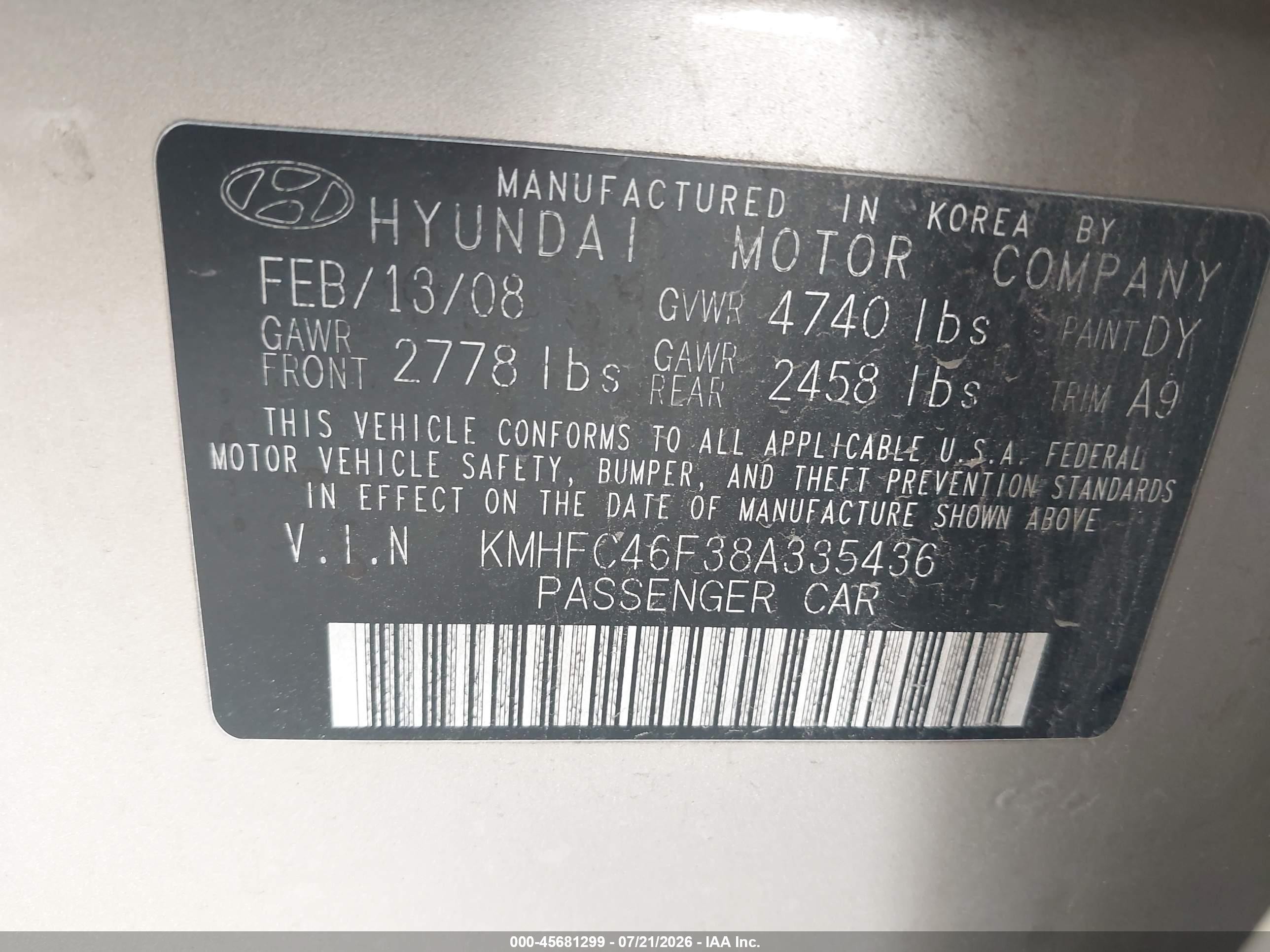 2008 Hyundai Azera Limited Champagne vin: KMHFC46F38A335436