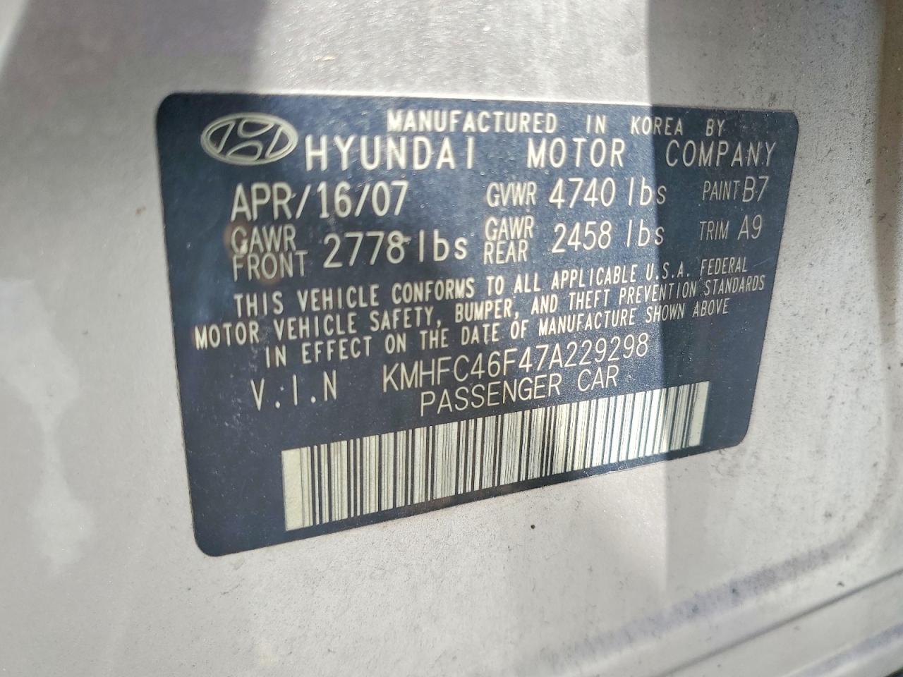 2007 Hyundai Azera Se Tan vin: KMHFC46F47A229298