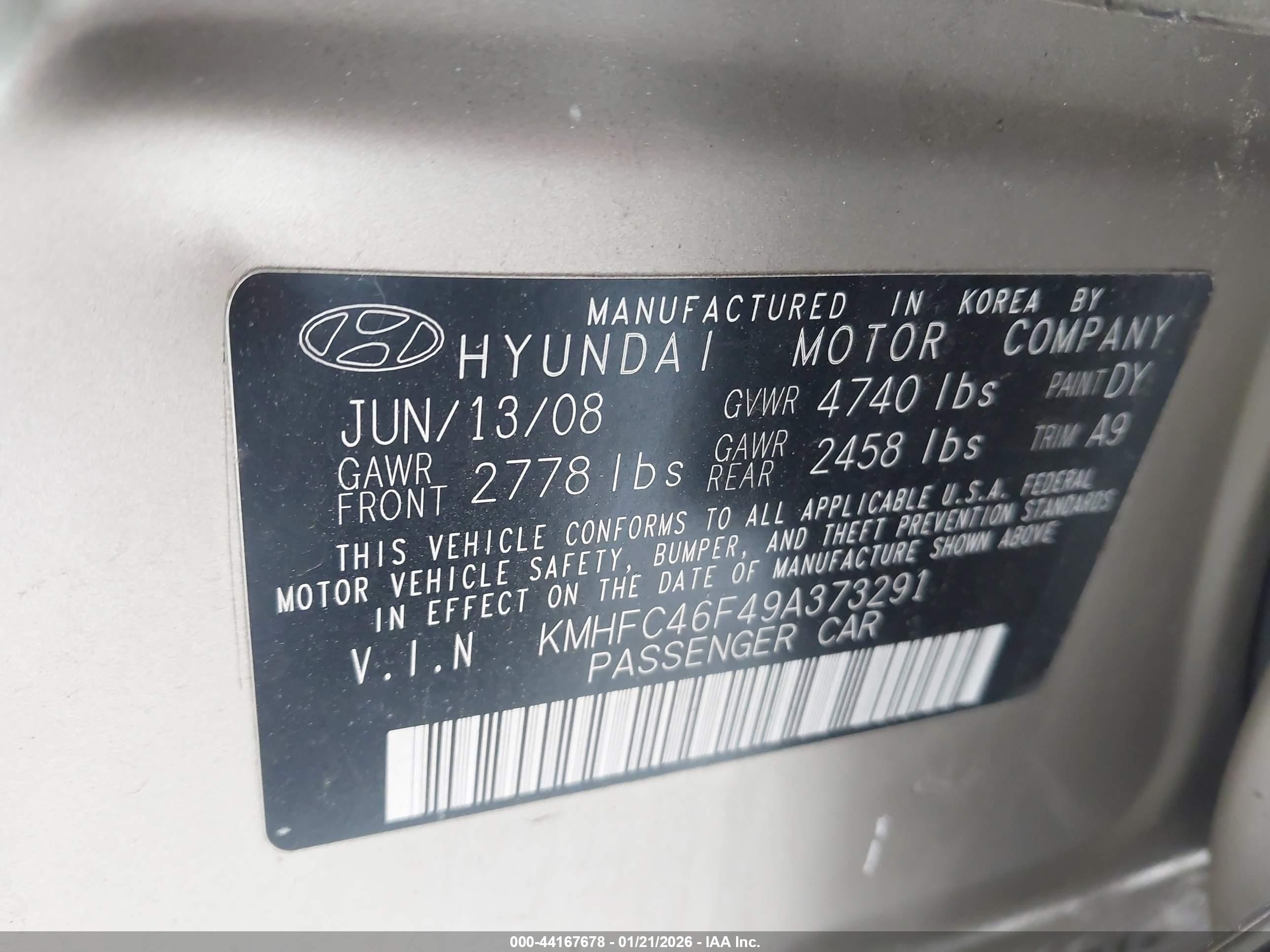 2009 Hyundai Azera Limited Gold vin: KMHFC46F49A373291