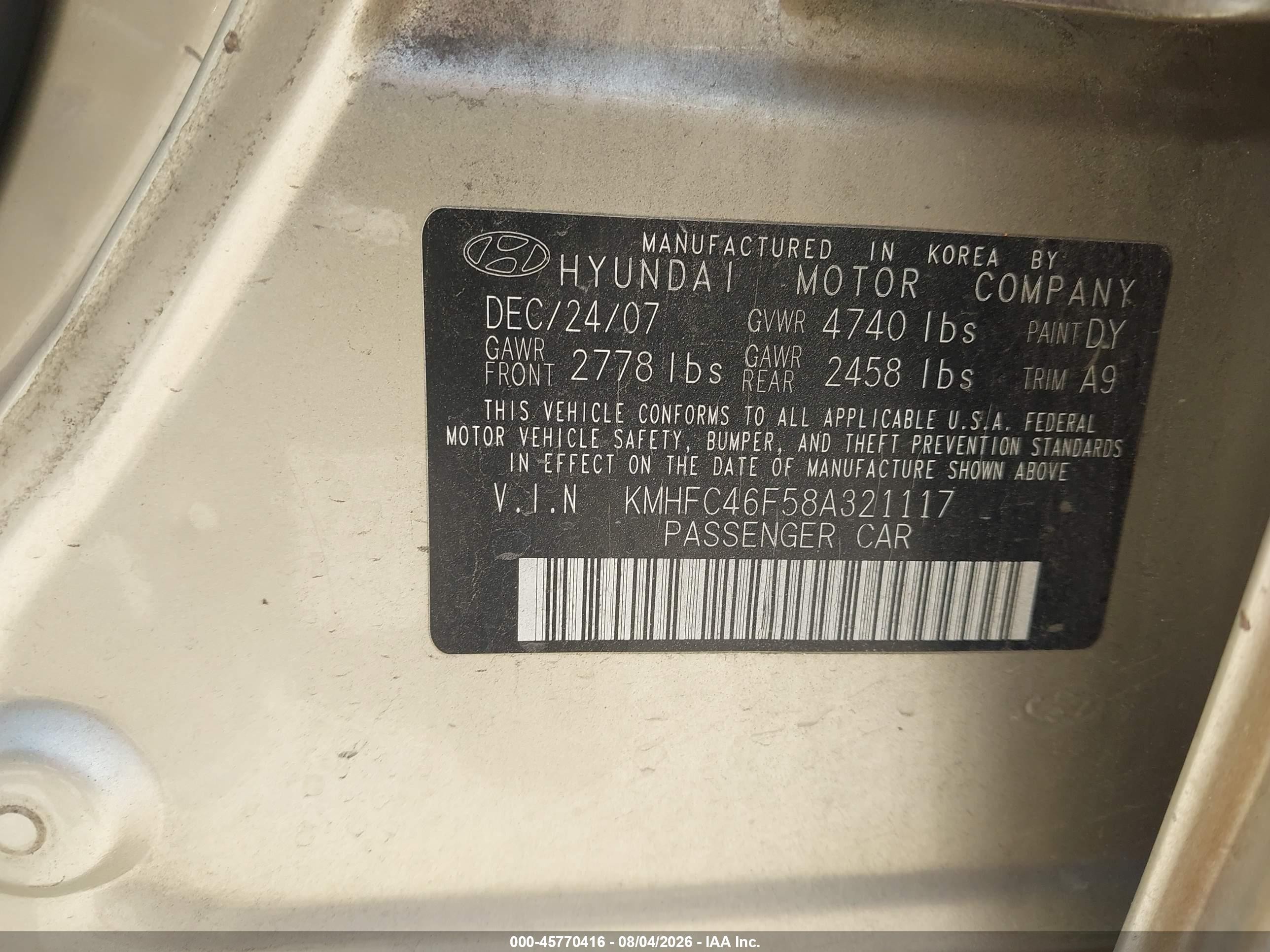 2008 Hyundai Azera Limited Gold vin: KMHFC46F58A321117