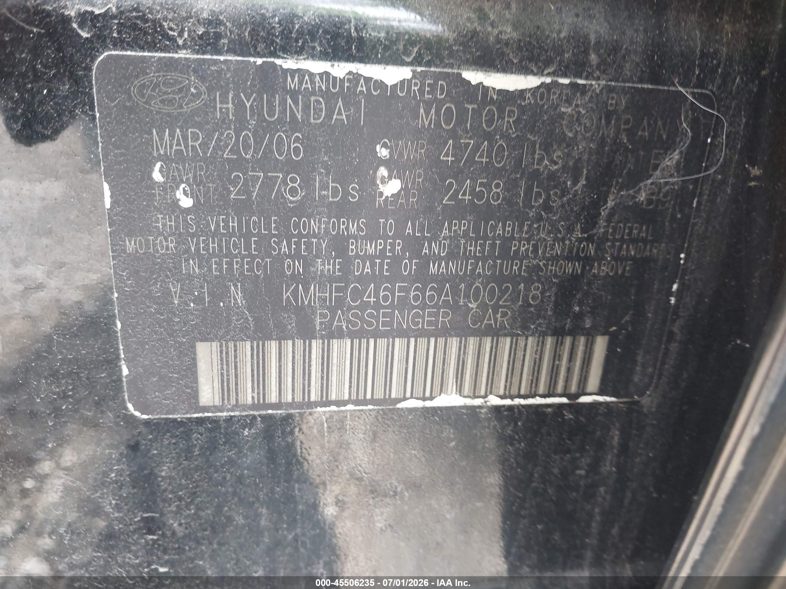 2006 Hyundai Azera Limited/se Black vin: KMHFC46F66A100218
