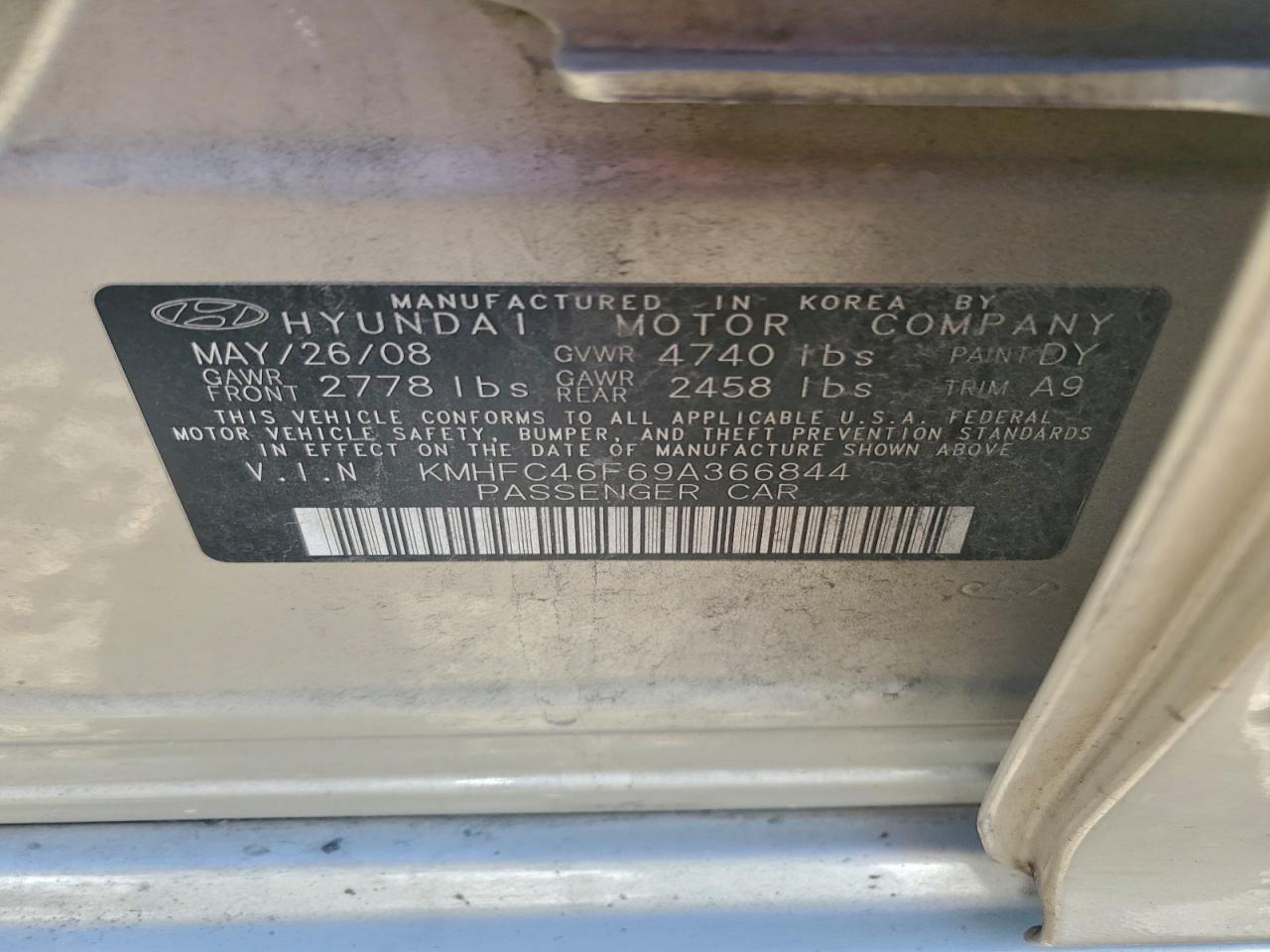 2009 Hyundai Azera Se Золотой vin: KMHFC46F69A366844
