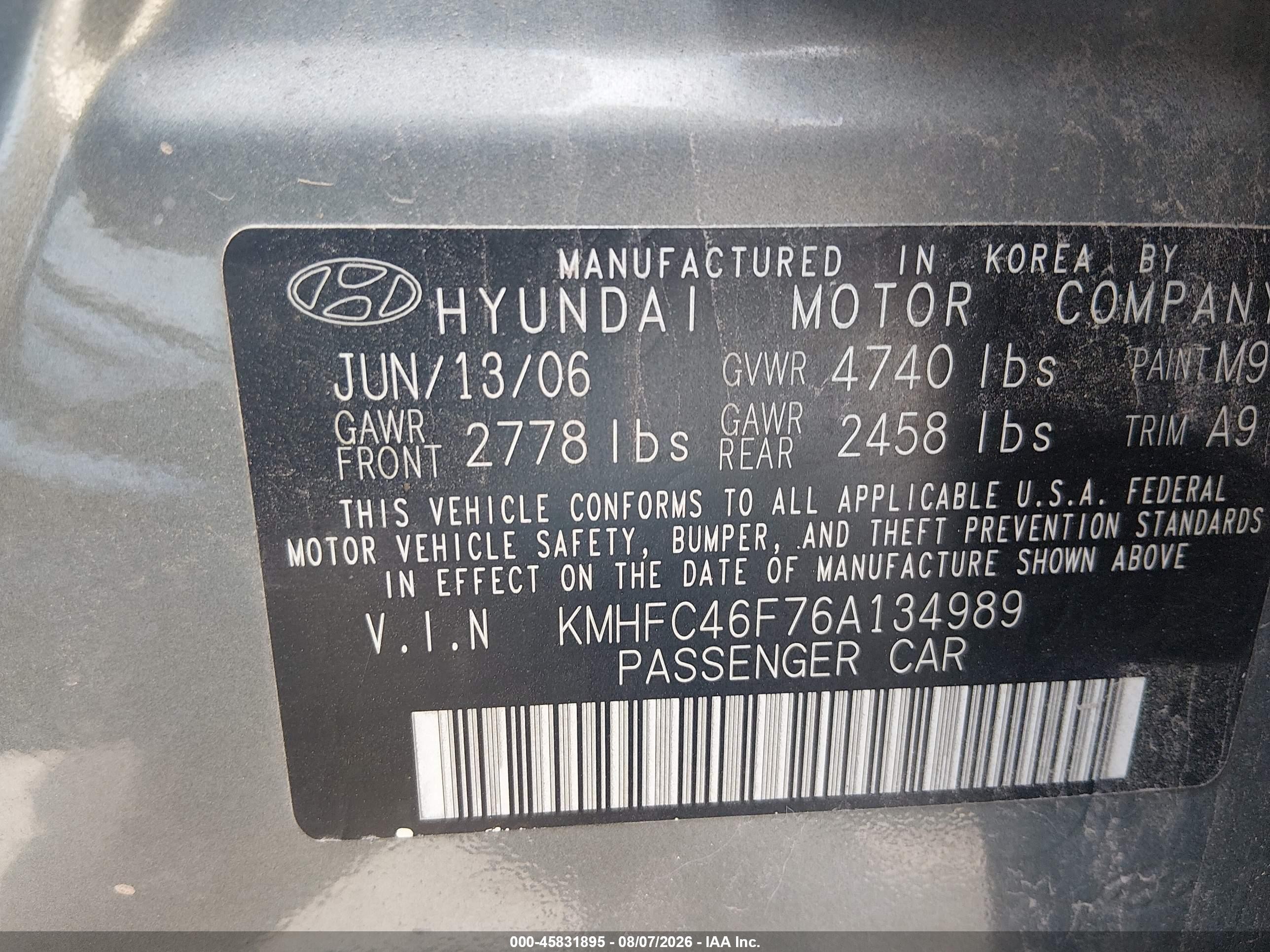 2006 Hyundai Azera Limited/se Gray vin: KMHFC46F76A134989