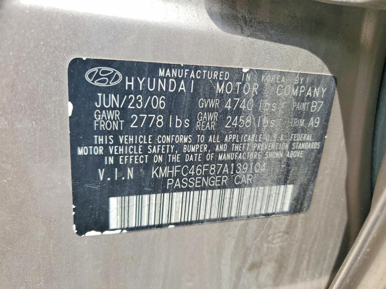 2007 Hyundai Azera Se Gold vin: KMHFC46F87A139104