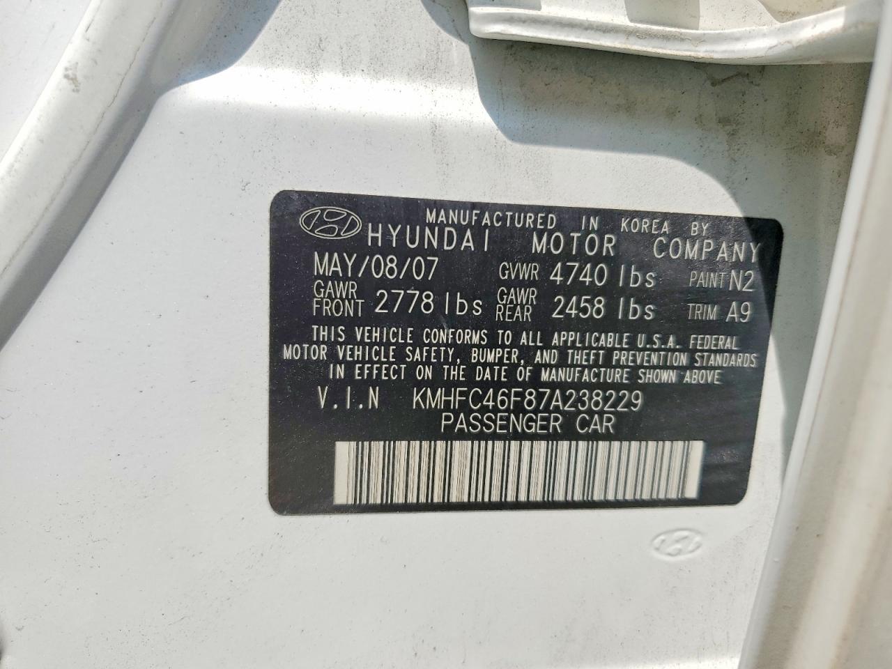 2007 Hyundai Azera Se White vin: KMHFC46F87A238229