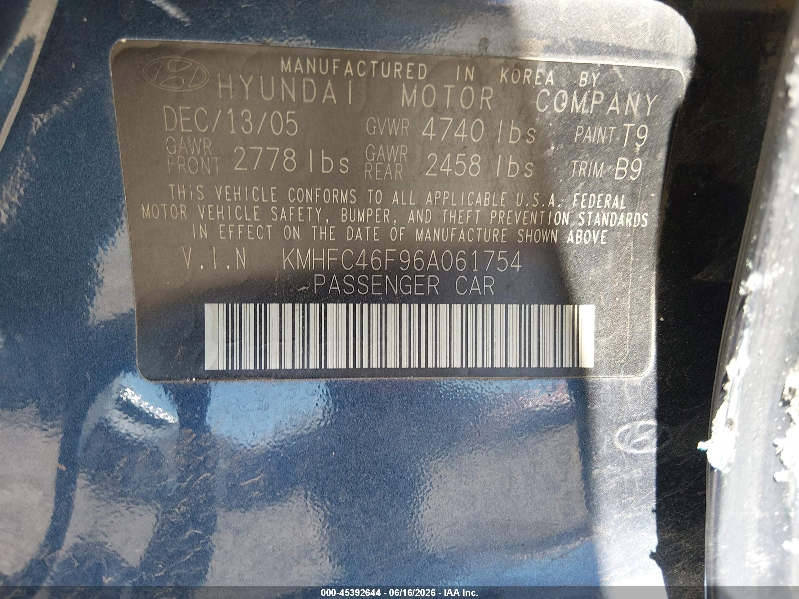 2006 Hyundai Azera Limited/se Blue vin: KMHFC46F96A061754