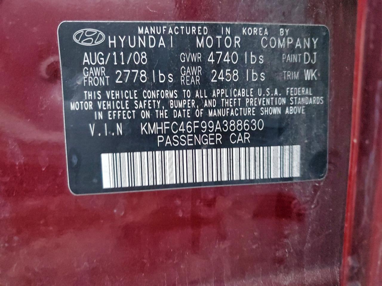 2009 Hyundai Azera Se Burgundy vin: KMHFC46F99A388630